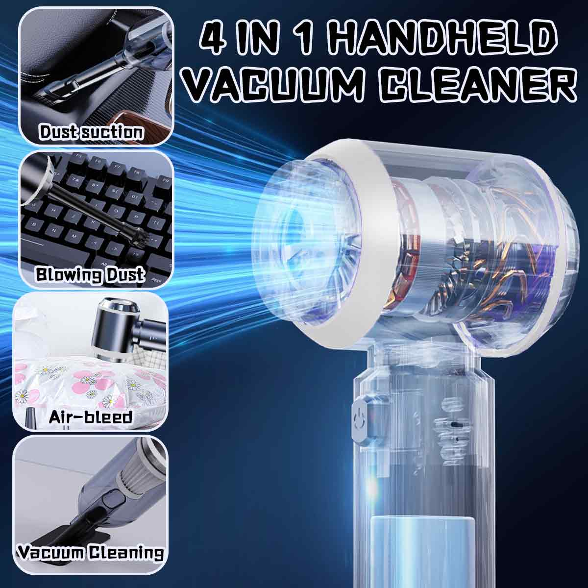 Handstaubsauger mit vier Funktionen. Inklusive Staubabsaugung, Blasen, Luftablass und Vakuumreinigung.