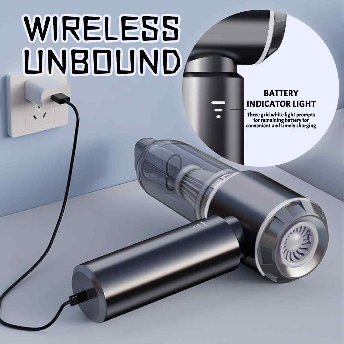 Ein kabelloser Staubsauger mit einem Ladekabel, das an eine Steckdose angeschlossen ist. Eine Batterie wird gezeigt.