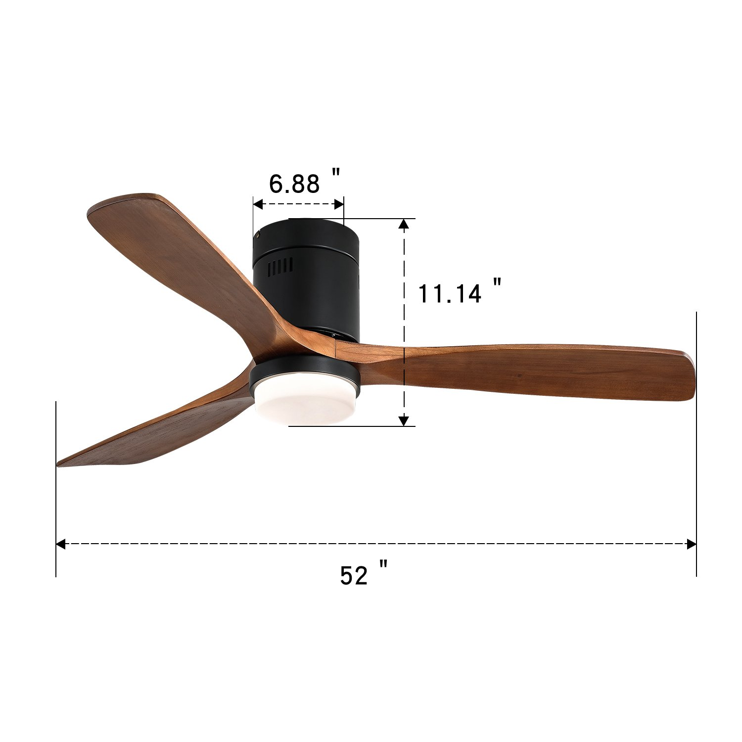 Ein Deckenventilator mit Holzflügeln und einem schwarzen Motor, mit angegebenen Maßen.