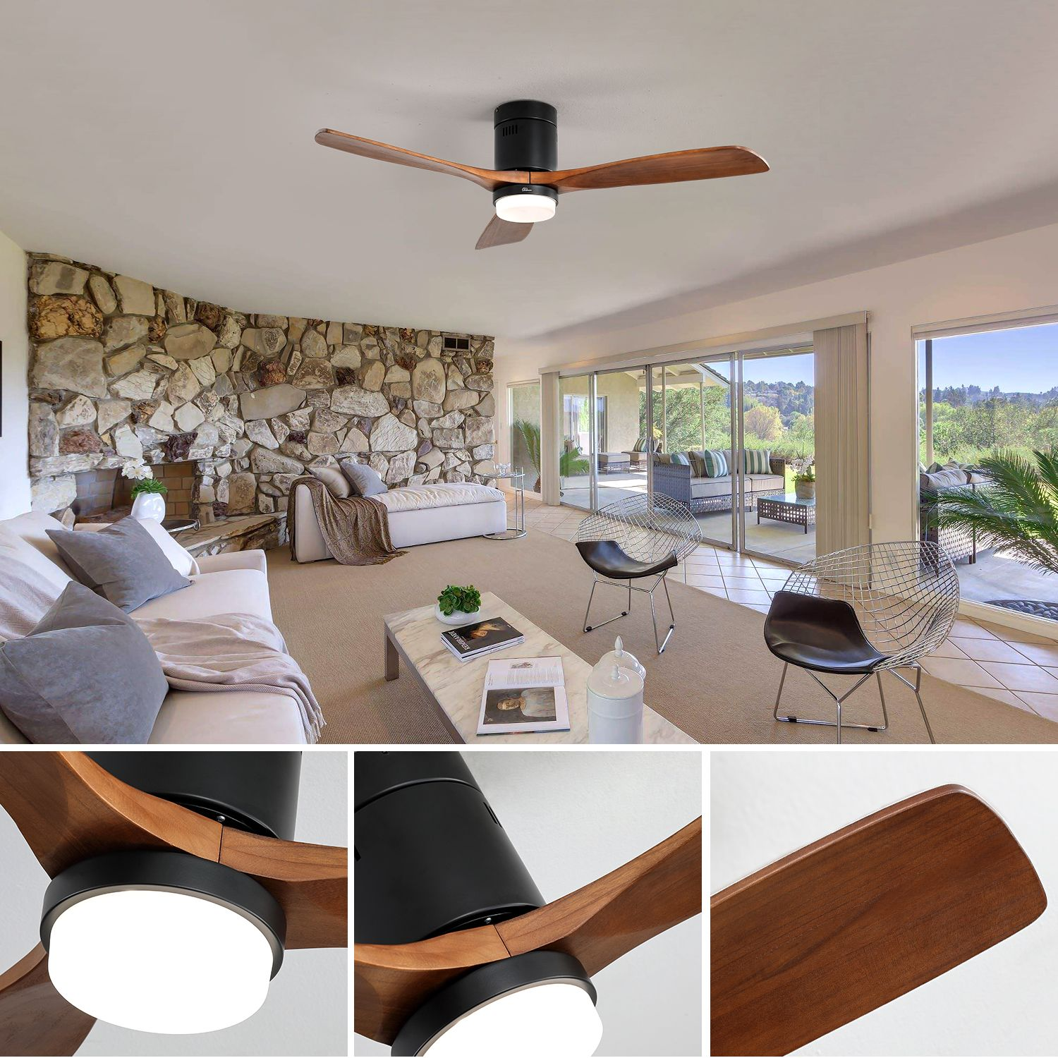 Wohnzimmer mit Deckenventilator. Steinwand, weißes Sofa, Couchtisch, Stühle und große Fenster.