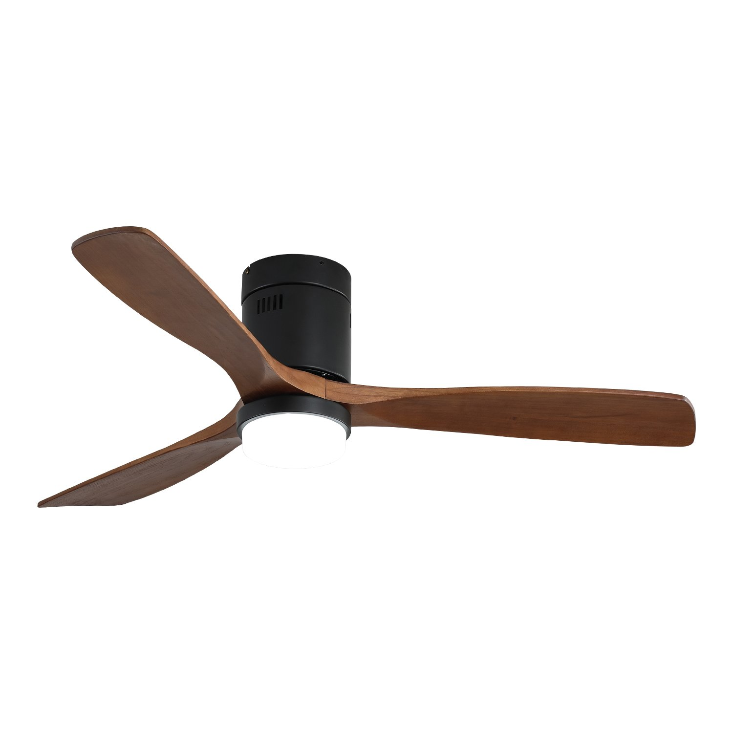 Deckenventilator mit drei Holzblättern und einem Licht. Schwarzes Motorgehäuse. Weißer Hintergrund.