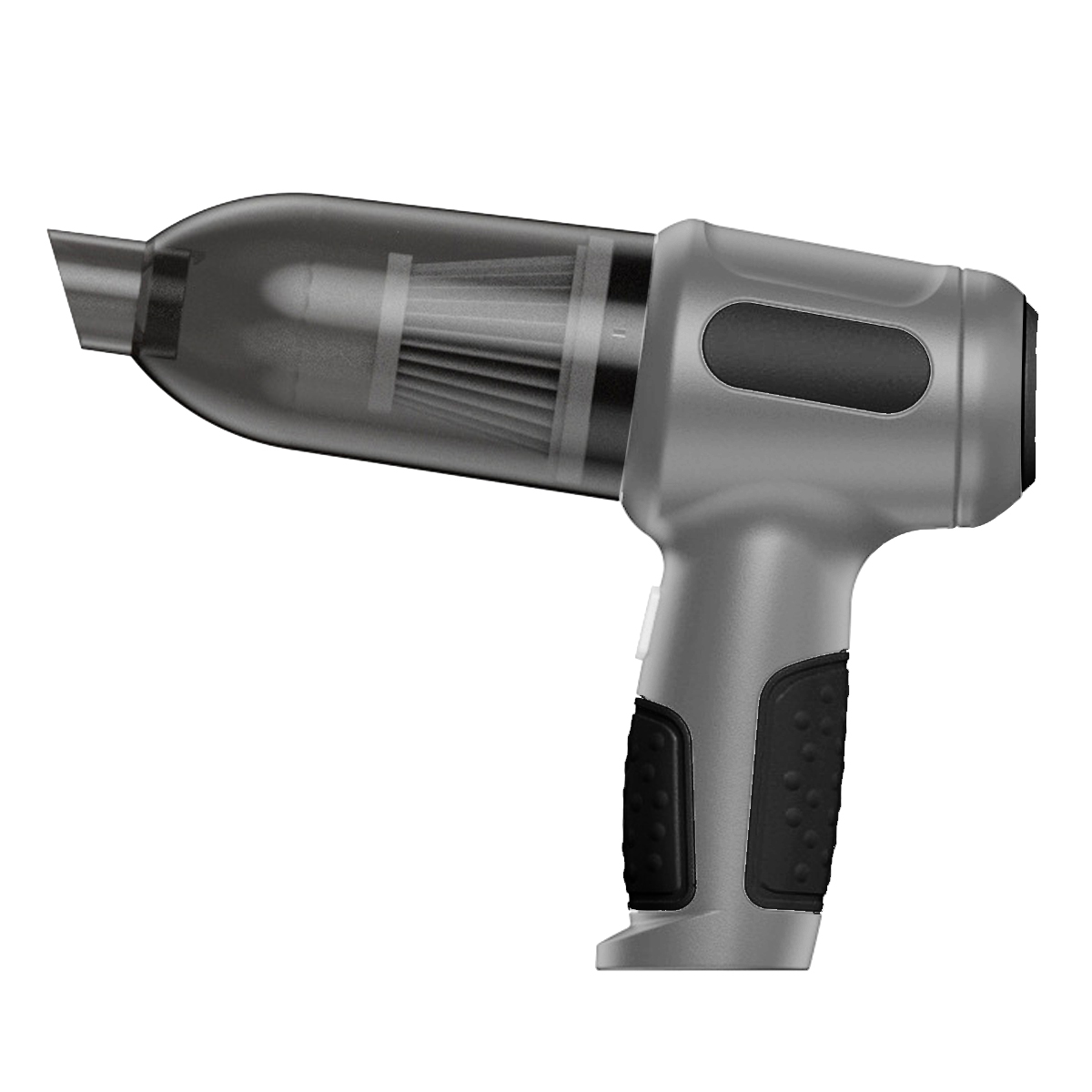 Grauer Handstaubsauger mit transparenter Staubkammer.
