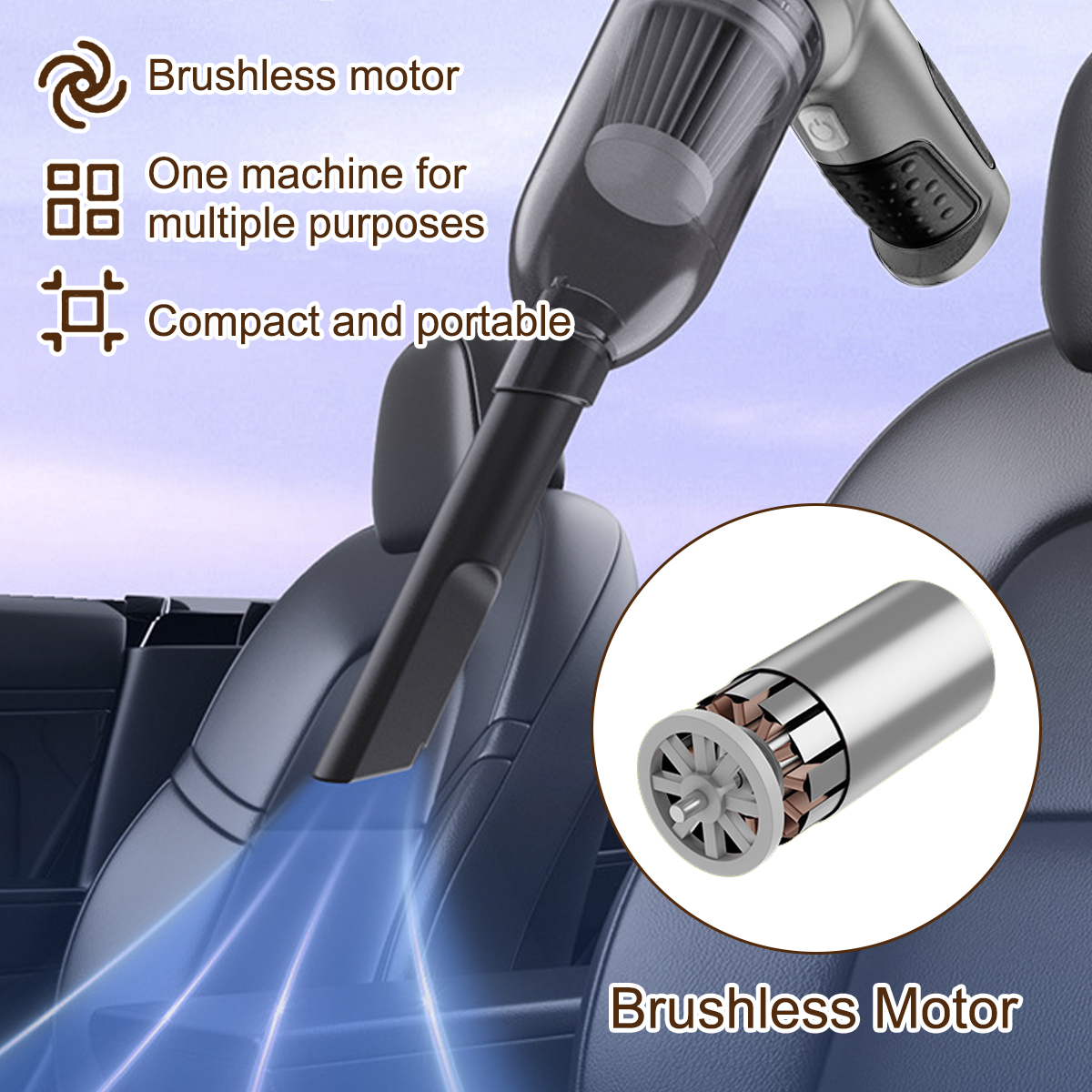 Ein Handstaubsauger mit bürstenlosem Motor, in der Nähe eines Autositzes, mit Text, der seine Merkmale überlagert.