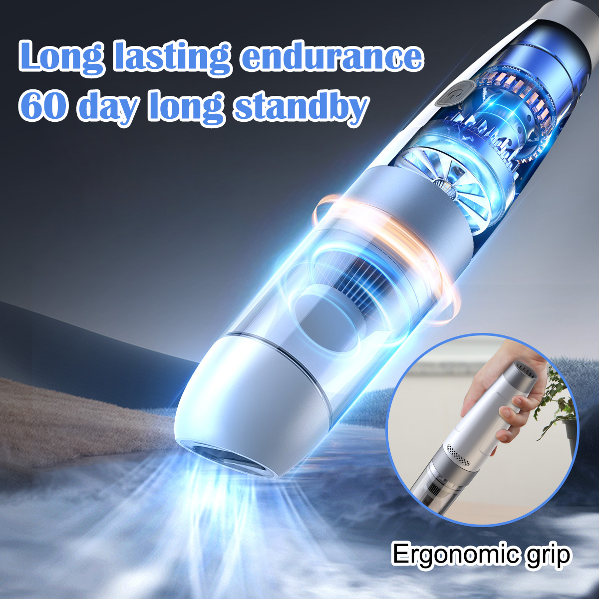 Zylindrisches Gerät mit transparentem Körper. Text: 'Long lasting endurance'. Hand hält kleineres Gerät.