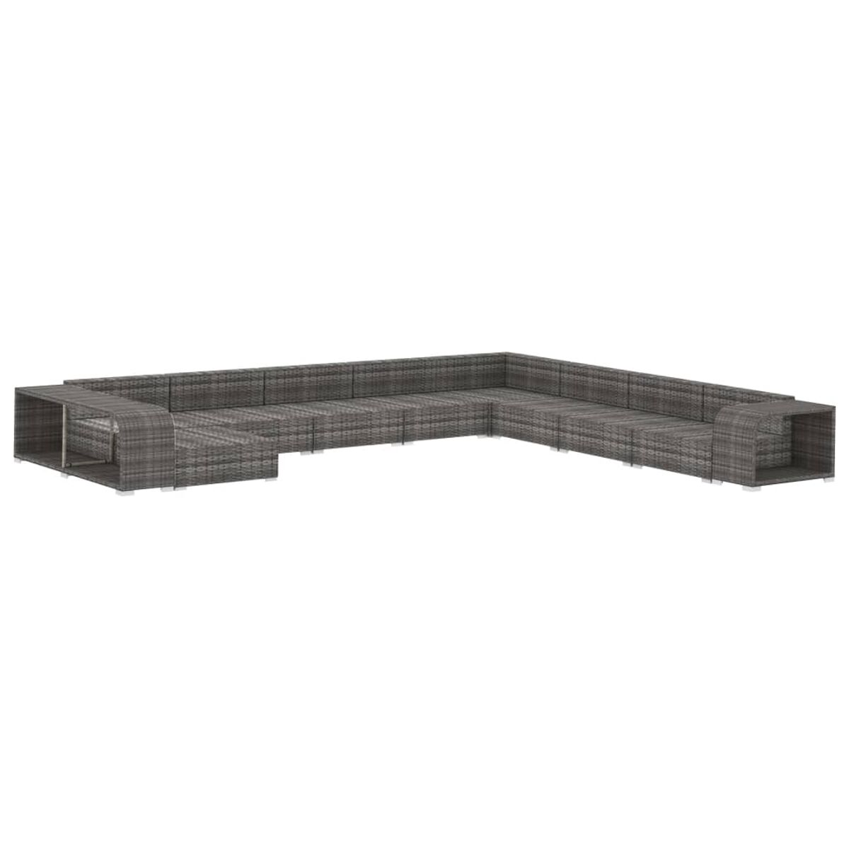 Graues Outdoor-Ecksofa. L-förmiges Design mit mehreren Sitzbereichen.