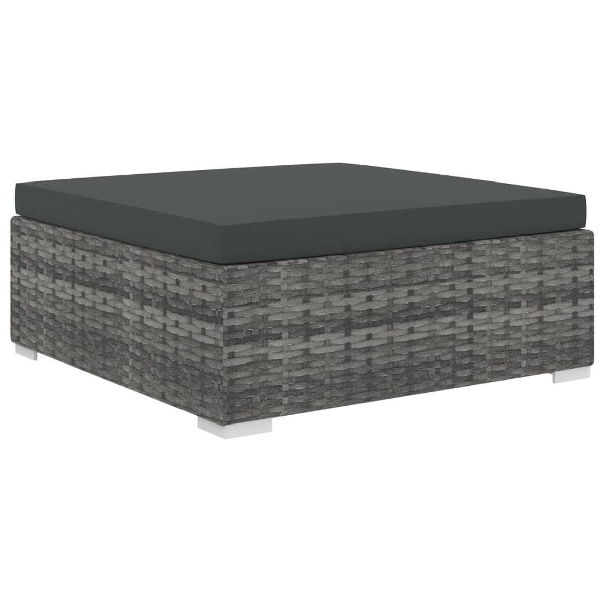 Ein grauer, gewebter quadratischer Ottoman mit einem dunkelgrauen Kissen auf weißen Füßen.