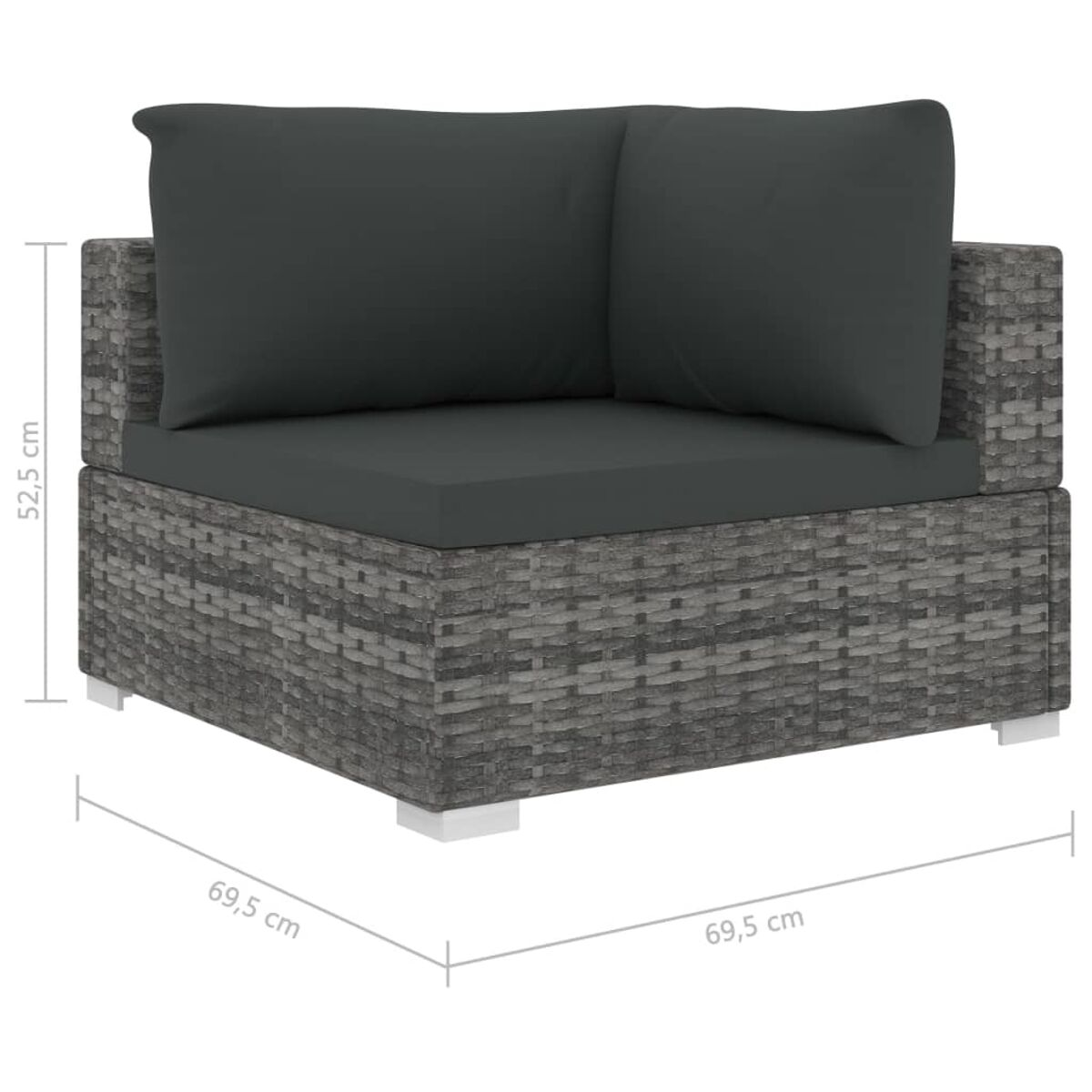 Ein graues, quadratisches Outdoor-Ecksofa mit dunkelgrauen Kissen. Die Abmessungen sind in cm angegeben.