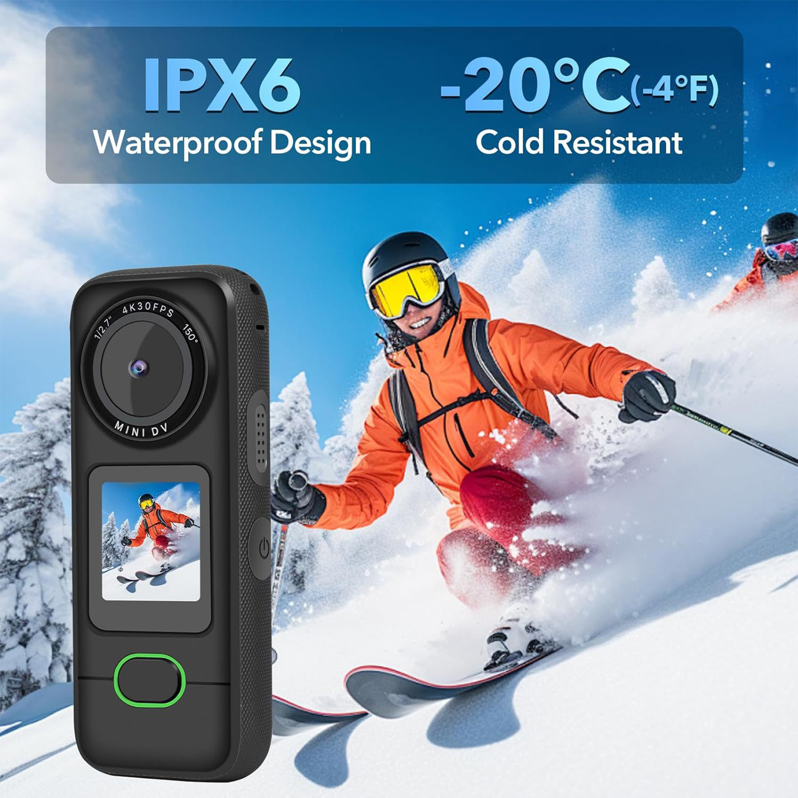 Schwarze Action-Kamera, Skifahrer und Schnee. Text: Wasserdichtes Design, Kältebeständig, IPX6, -20°C(-4°F).