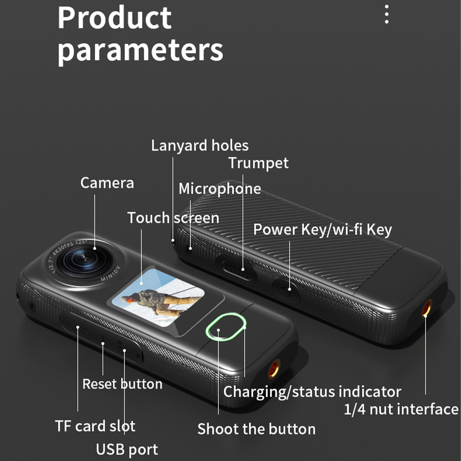 Schwarze Action-Kamera mit beschrifteten Teilen. Enthält Touchscreen, Tasten und Ladeanzeige.