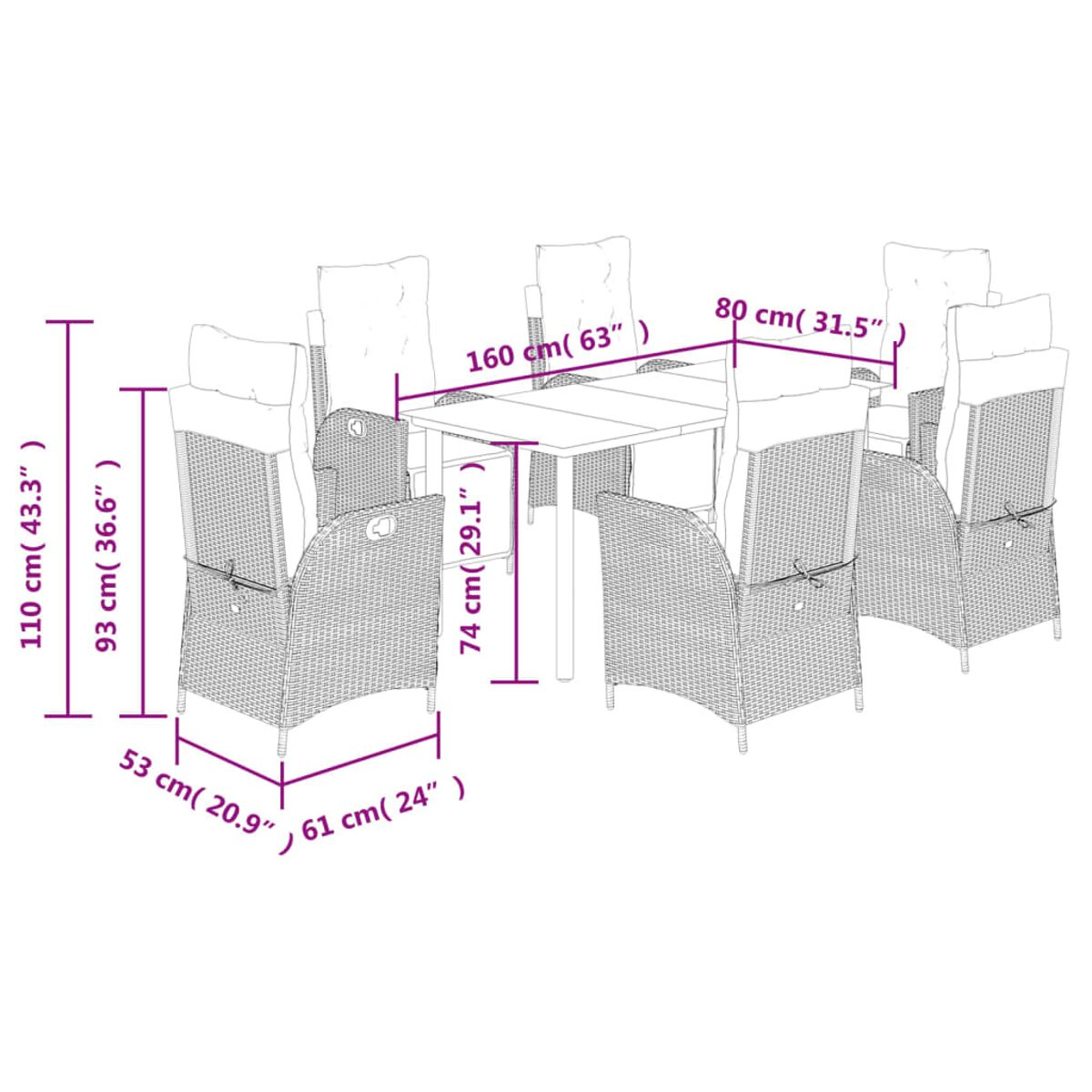 Set da pranzo per esterni con dimensioni segnate, sfondo bianco.