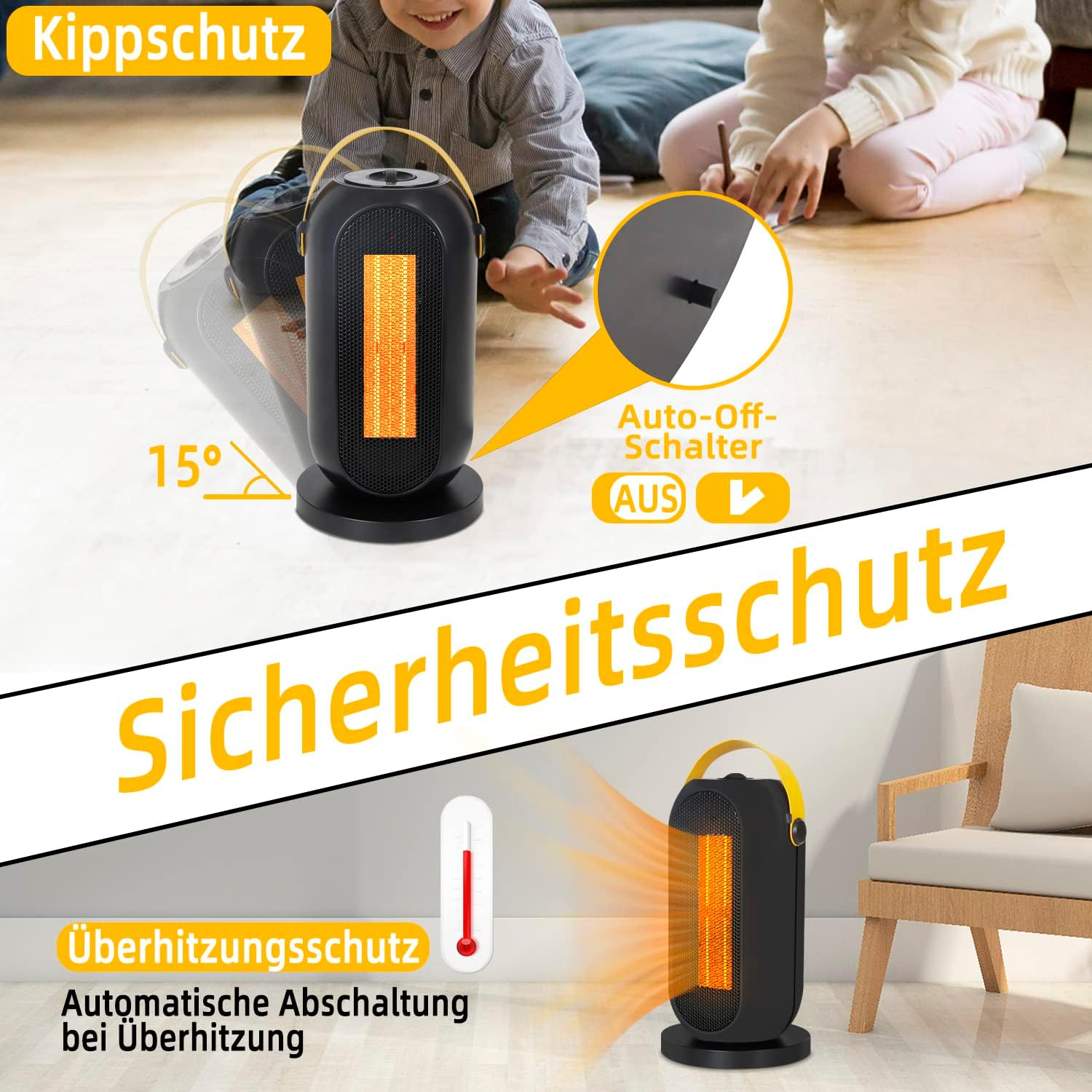 Eine schwarze Heizung mit gelbem Griff. Es hat eine Sicherheitsfunktion und einen automatischen Ausschaltschalter.