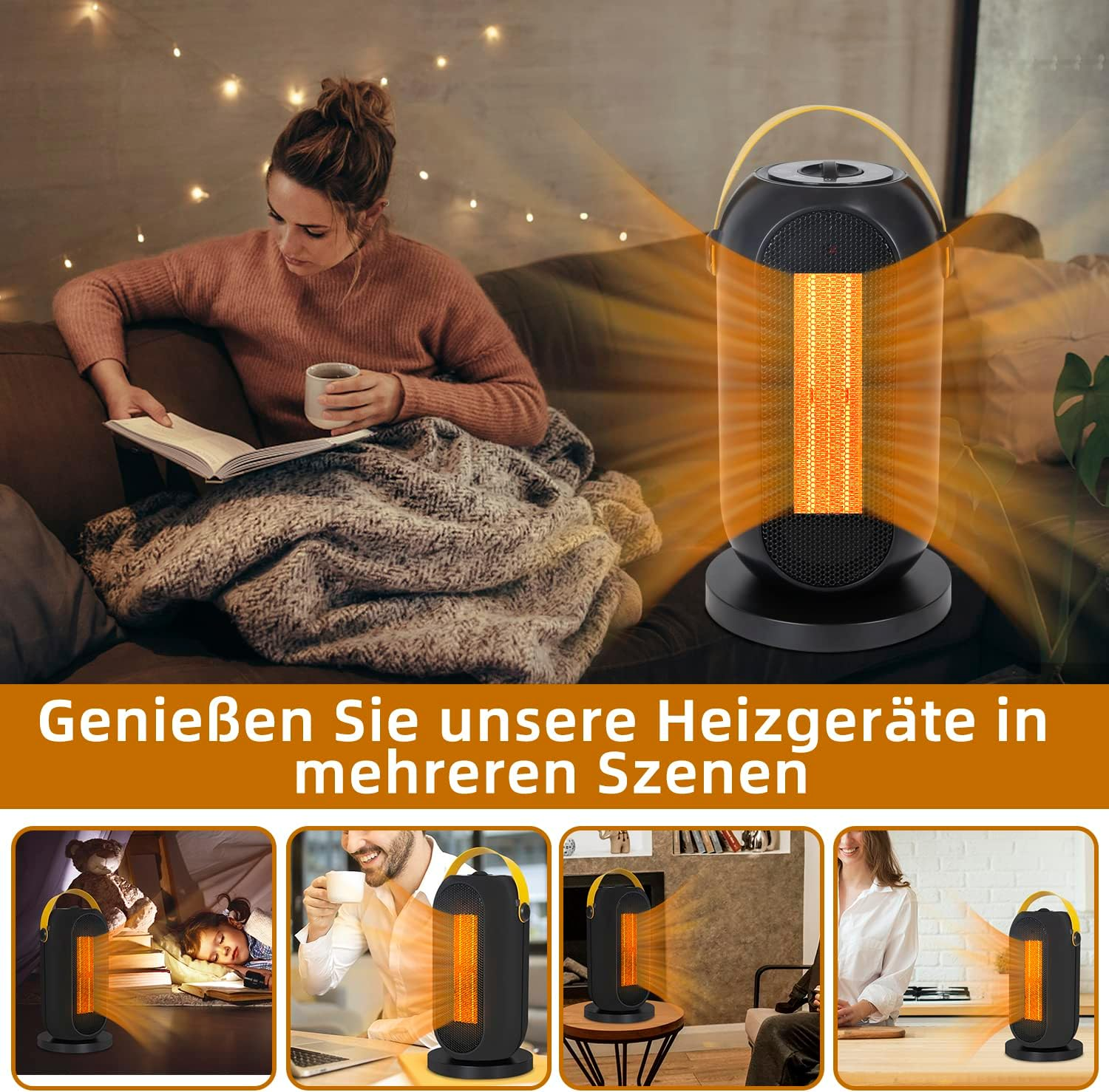 Eine Frau liest mit Decke. Heizung glüht. Zusätzliche Szenen zeigen die Heizung in Gebrauch.