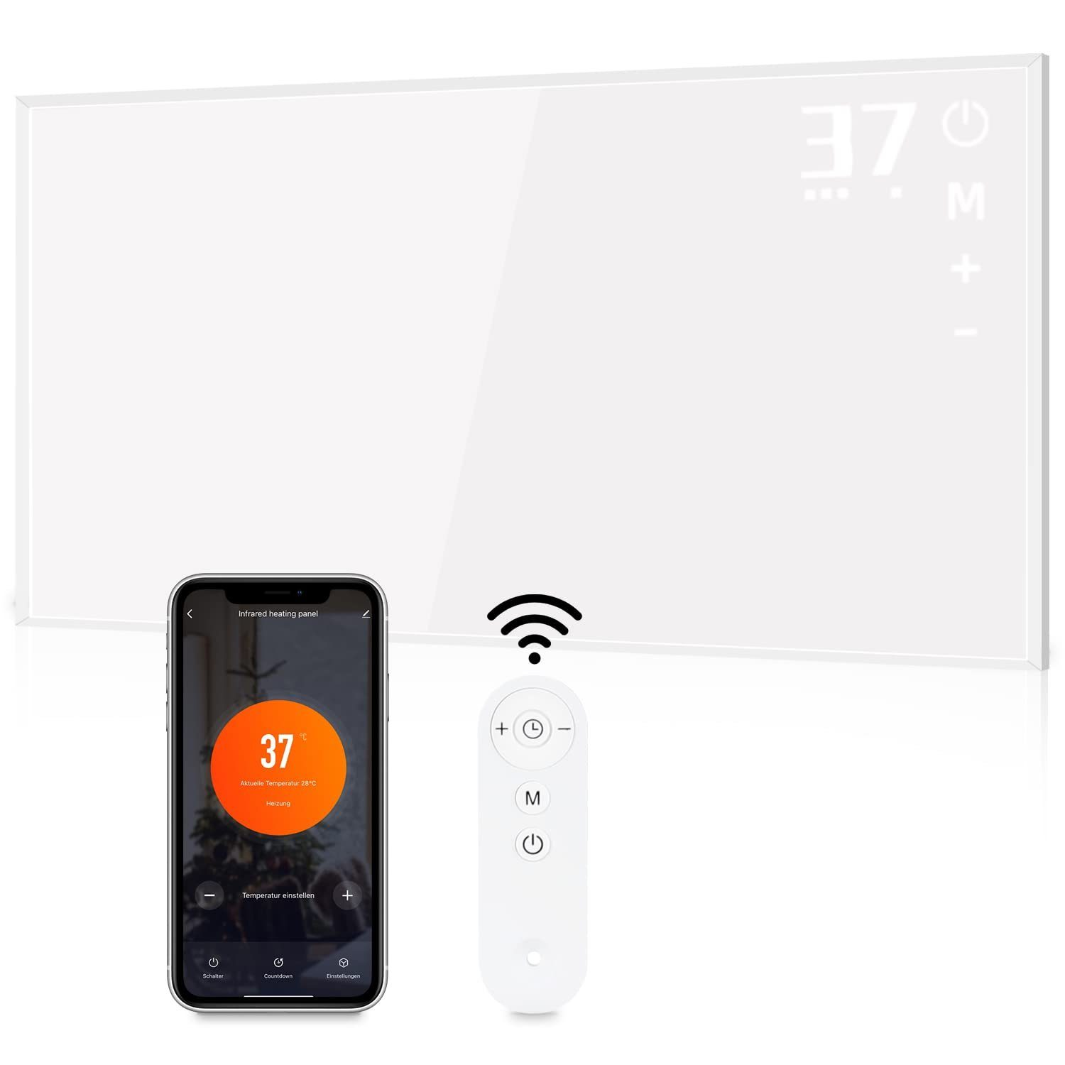 Eine weiße Infrarotheizung mit Digitalanzeige von 37 Grad, Telefon und Fernbedienung.