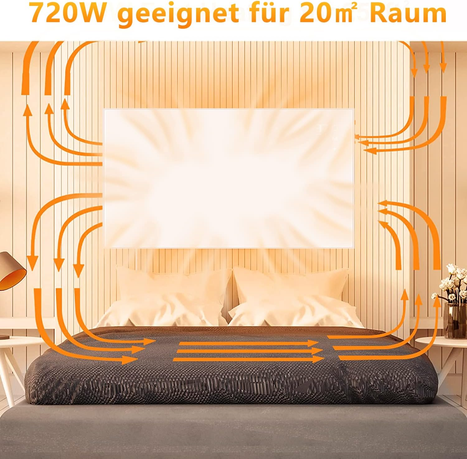 Ein Bett mit Kissen und ein Heizpaneel mit Pfeilen, die die Wärmeverteilung anzeigen.