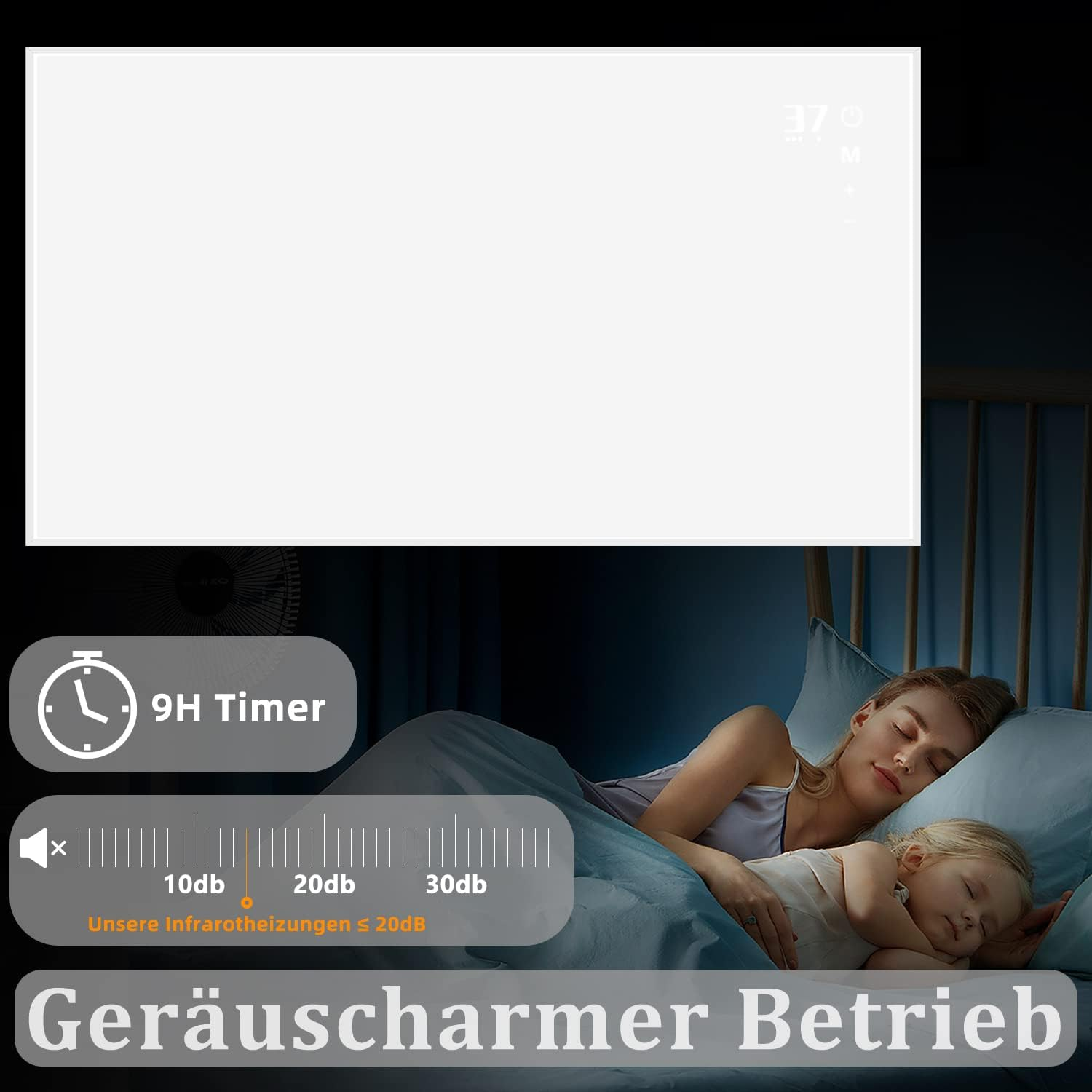 Frau und Kind schlafen in der Nähe einer Heizung. Text deutet auf leisen Betrieb hin.