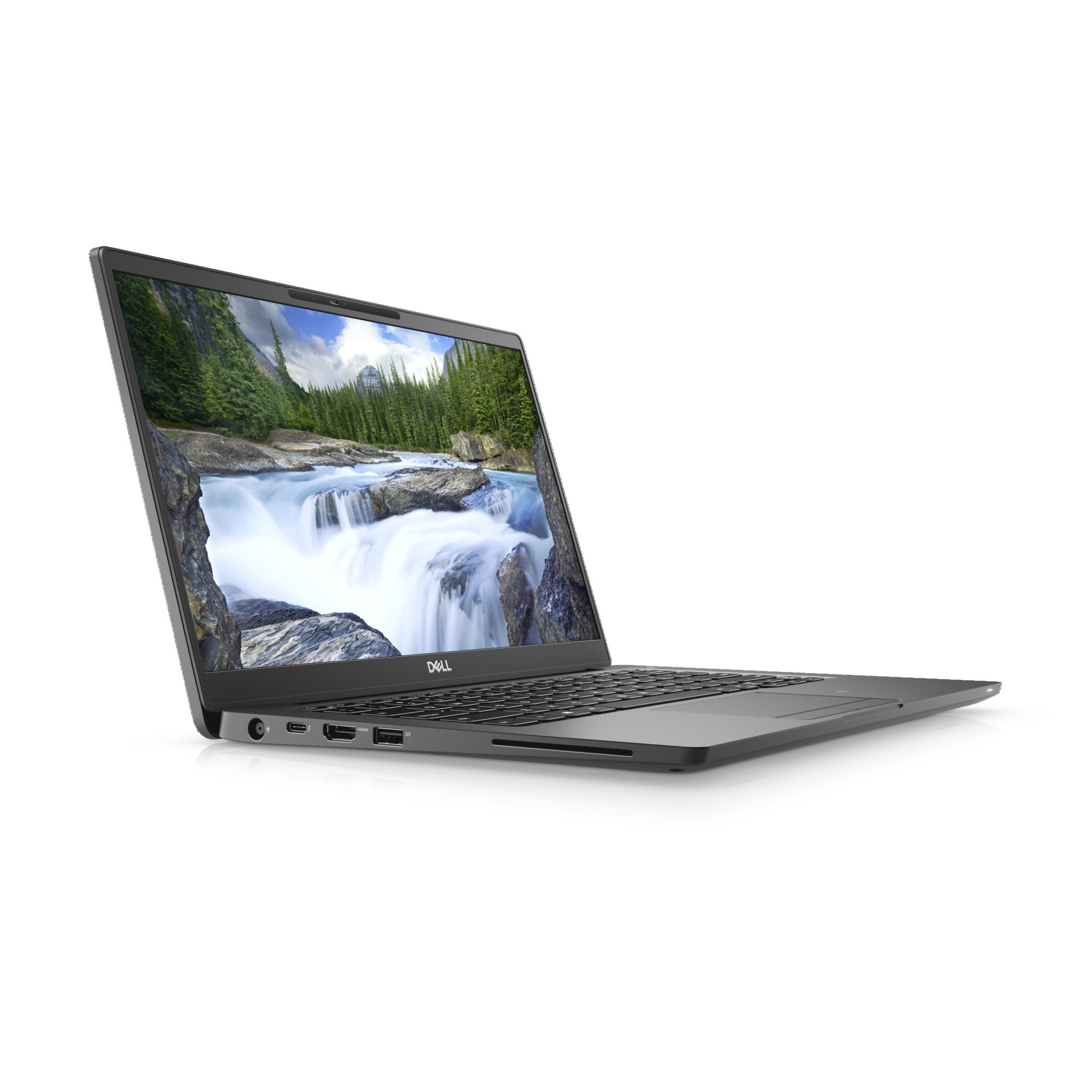 Ein Laptop ist geöffnet und zeigt ein Wasserfallbild auf dem Bildschirm. Er steht auf weißem Hintergrund.