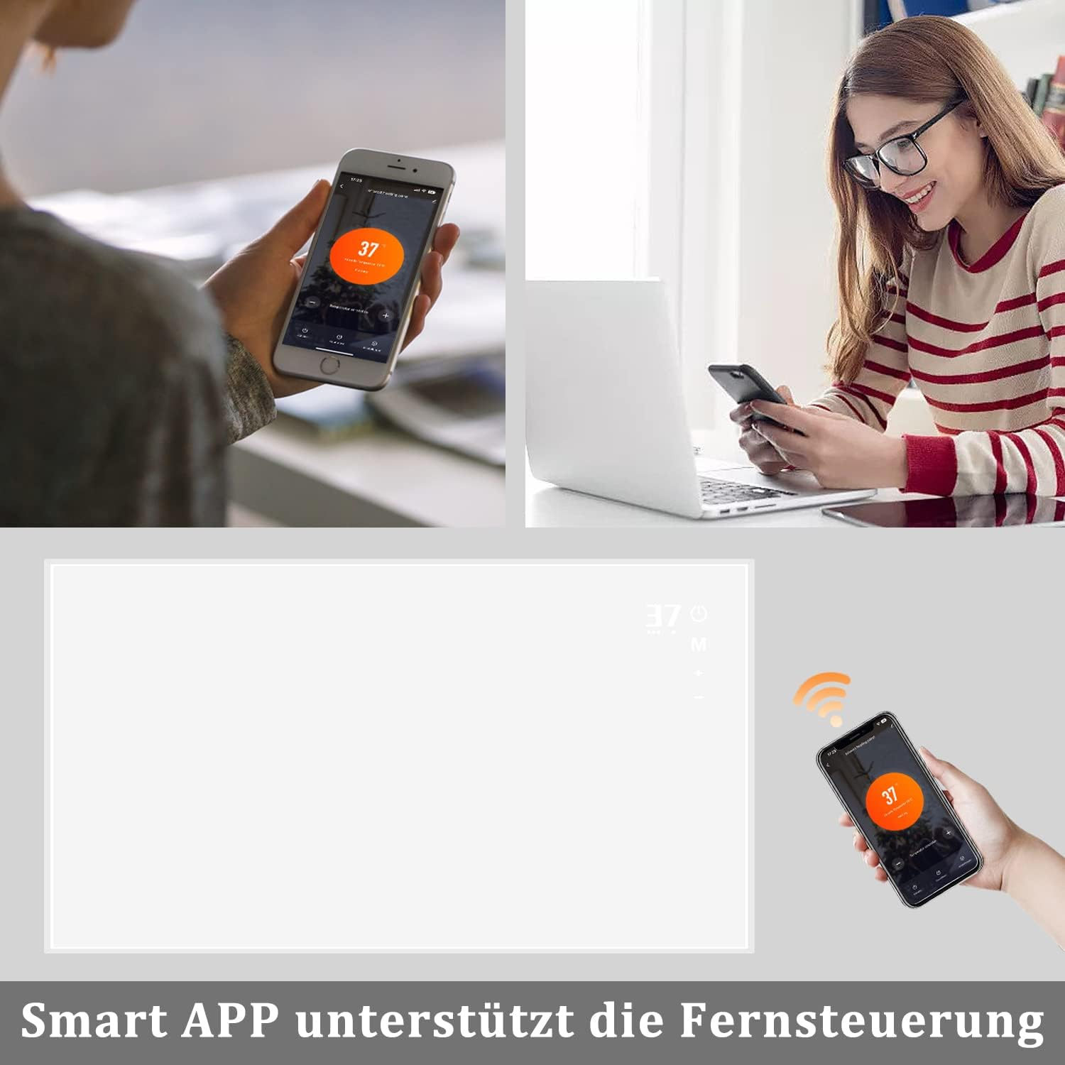 Mehrere Bilder einer Frau, die ein Smartphone und einen Laptop benutzt. Ein Bild zeigt die Smart-App-Oberfläche.