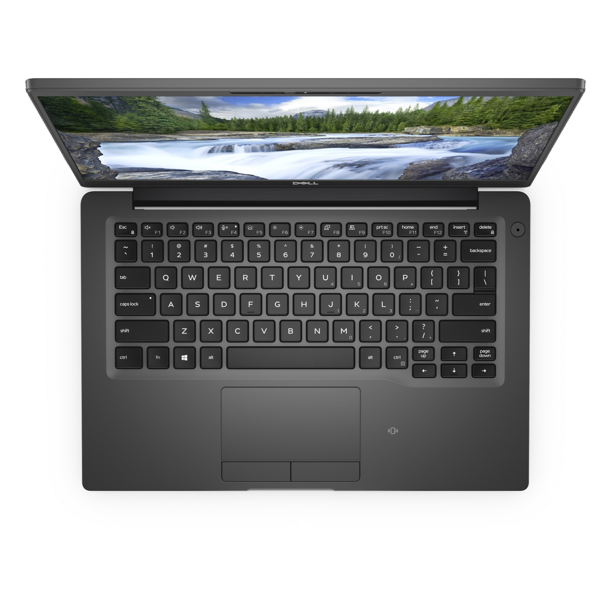 Laptop geöffnet, Draufsicht. Tastatur mit Tasten, Bildschirm zeigt eine Wasserfallszene.