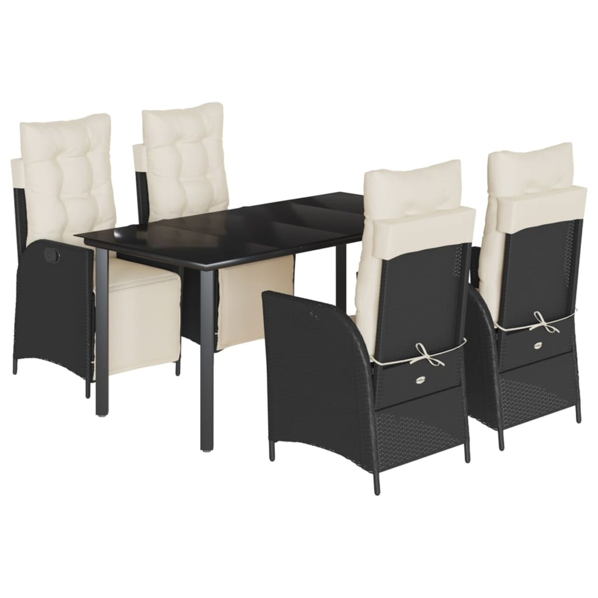 Set tavolo e sedie neri con cuscini color crema. Il tavolo ha un piano in vetro nero.