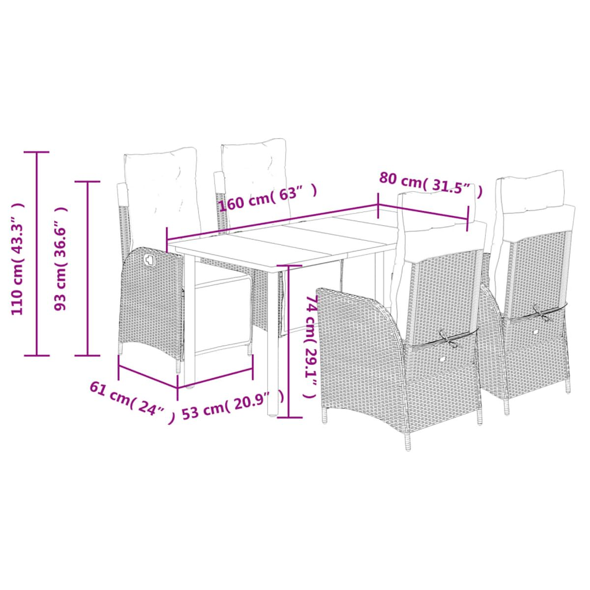 Un set da pranzo in rattan da esterno con tavolo e sedie, dimensionato.