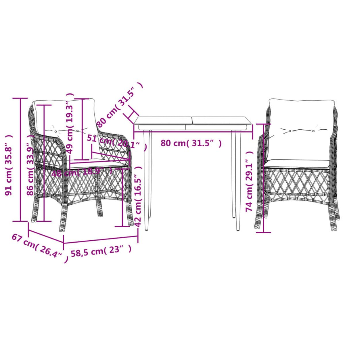 Rattan-Gartenmöbelset mit Tisch und Stühlen, mit Maßen.