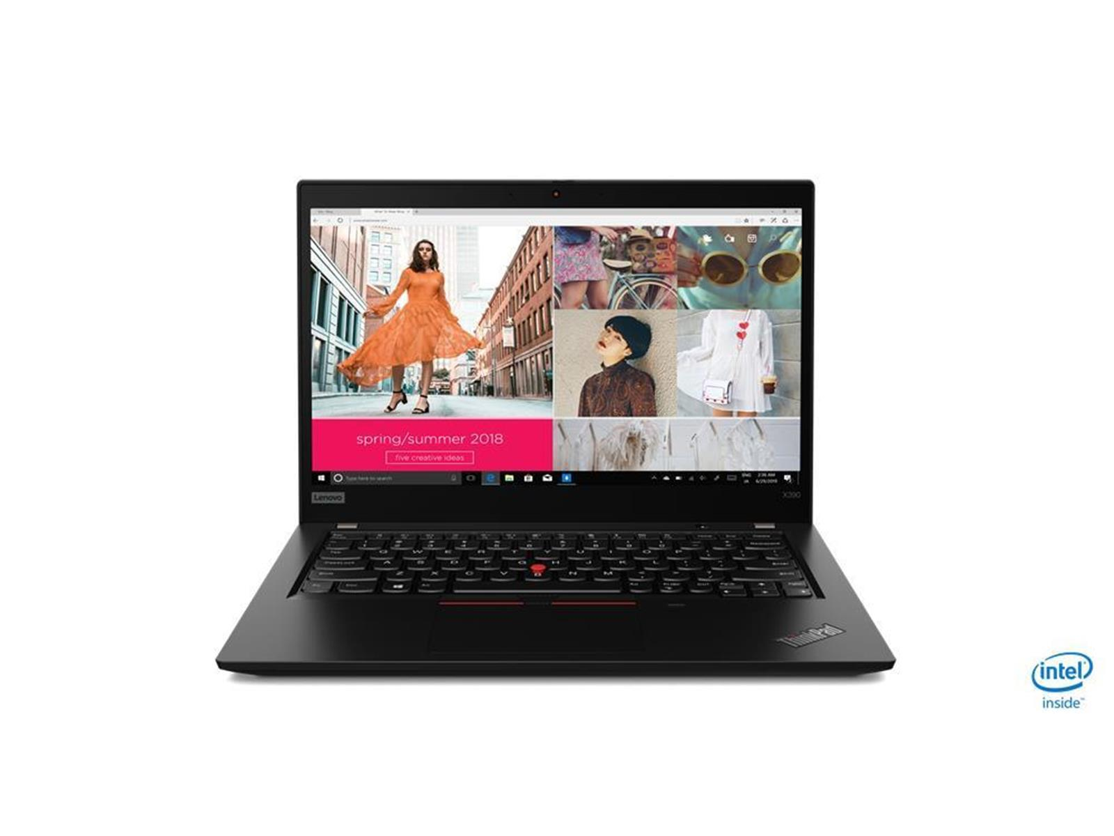 Schwarzer Lenovo-Laptop, geöffnet, zeigt eine Website. Intel inside Logo sichtbar.