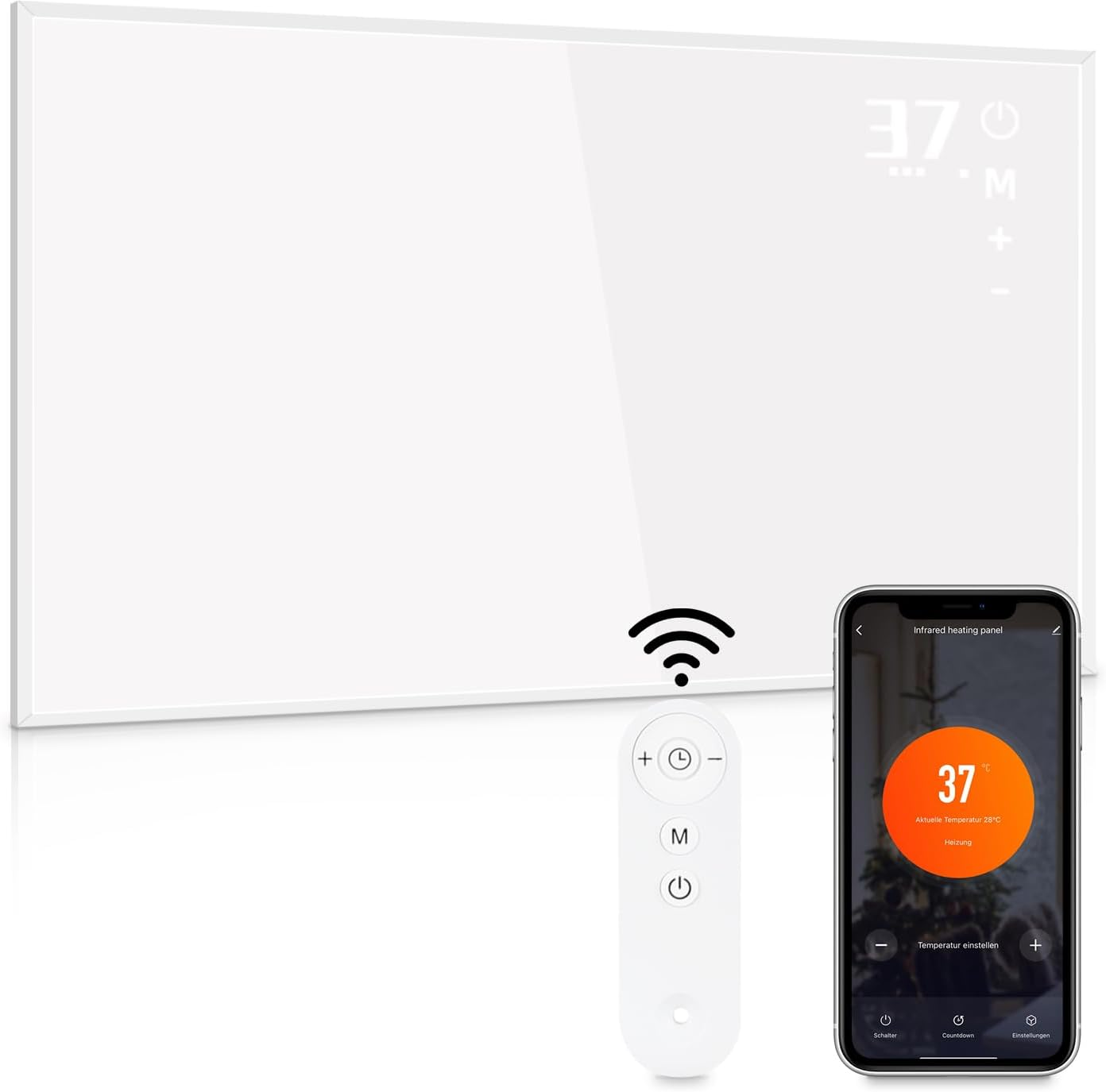 Weißes Panel mit Digitalanzeige, Fernbedienung und Smartphone, das die Temperatur anzeigt.