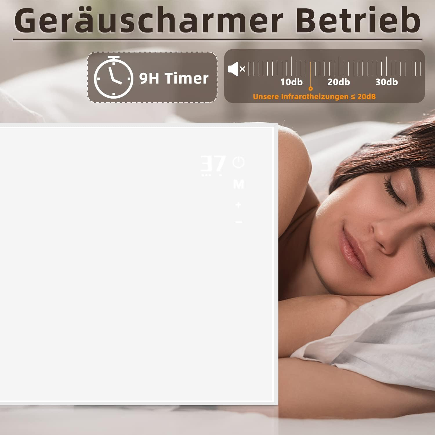 Eine schlafende Frau neben einem weißen Panel mit Timer und Schallpegelanzeigen. Text: 'Geräuscharmer Betrieb'.