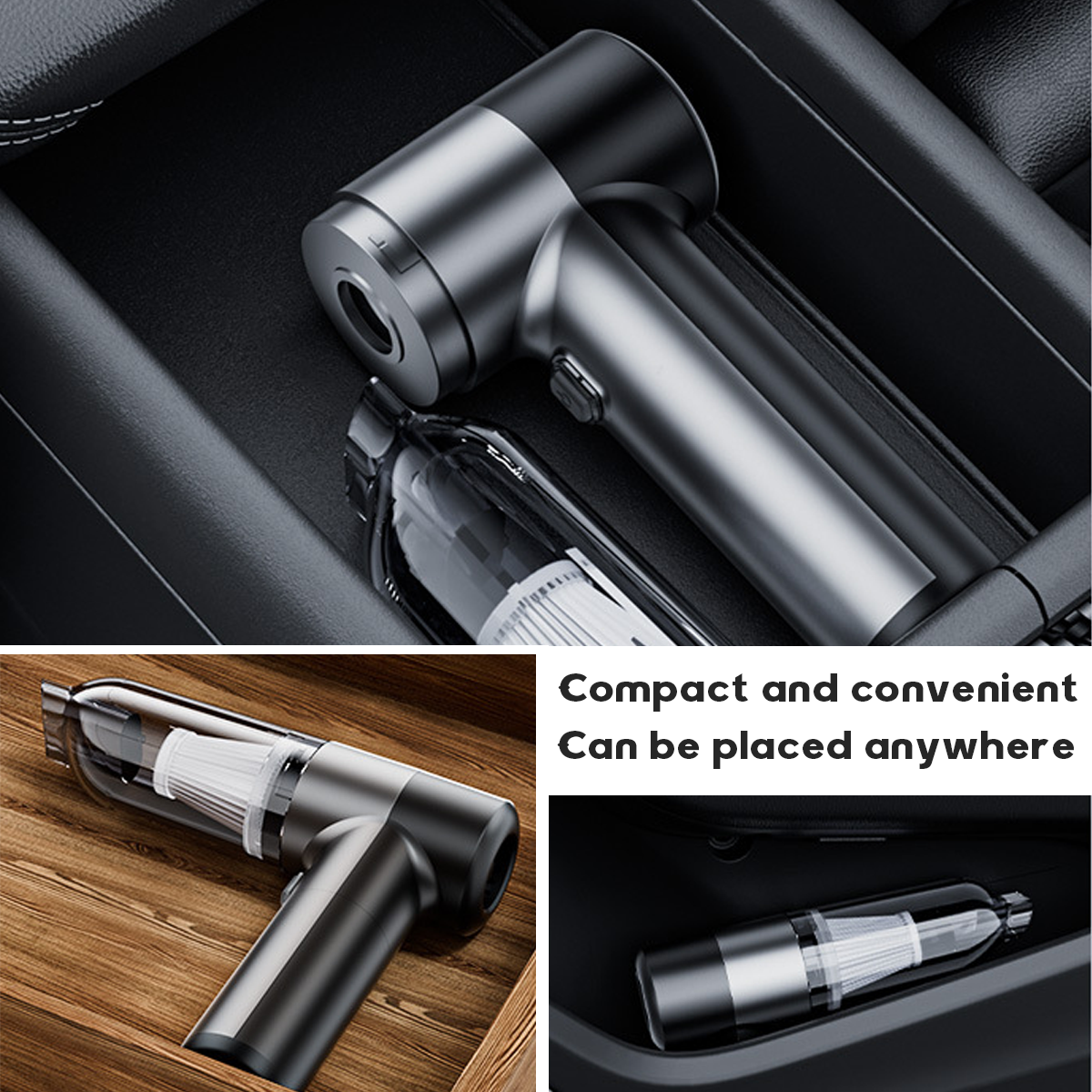 Mini-Staubsauger im Auto, mit transparentem Behälter und dunklem Gehäuse.