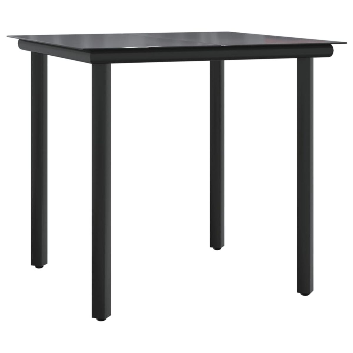 Ein quadratischer schwarzer Tisch mit vier Beinen. Der Hintergrund ist weiß.