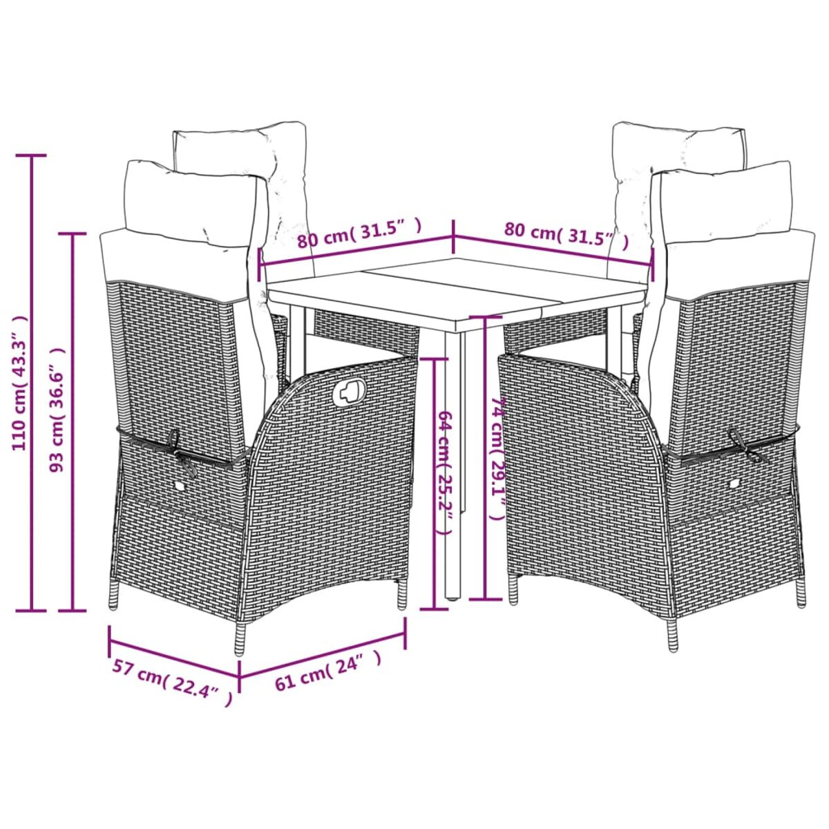 Set da patio esterno con un tavolo e quattro sedie, le dimensioni sono fornite.