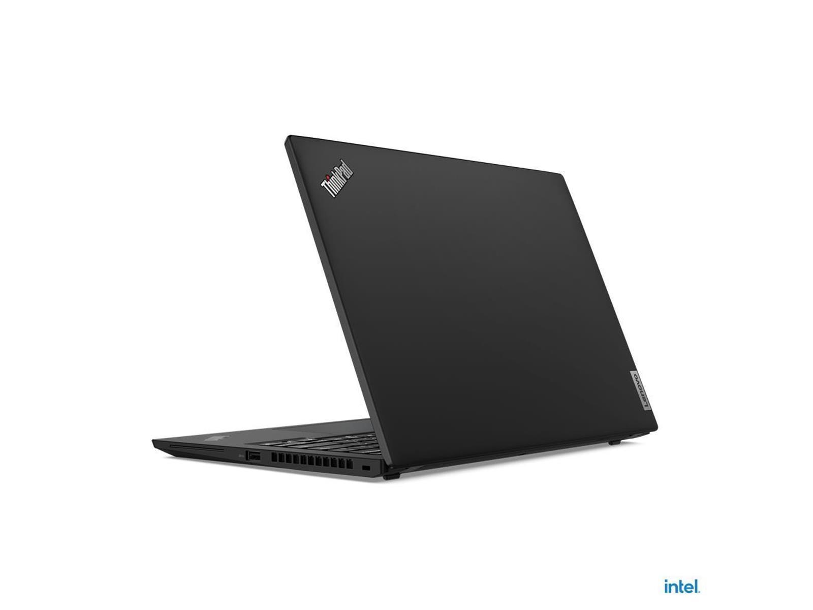Schwarzes ThinkPad-Laptop, geschlossen, von der Kamera abgewandt. Zeigt die Rückseite. Intel-Logo.