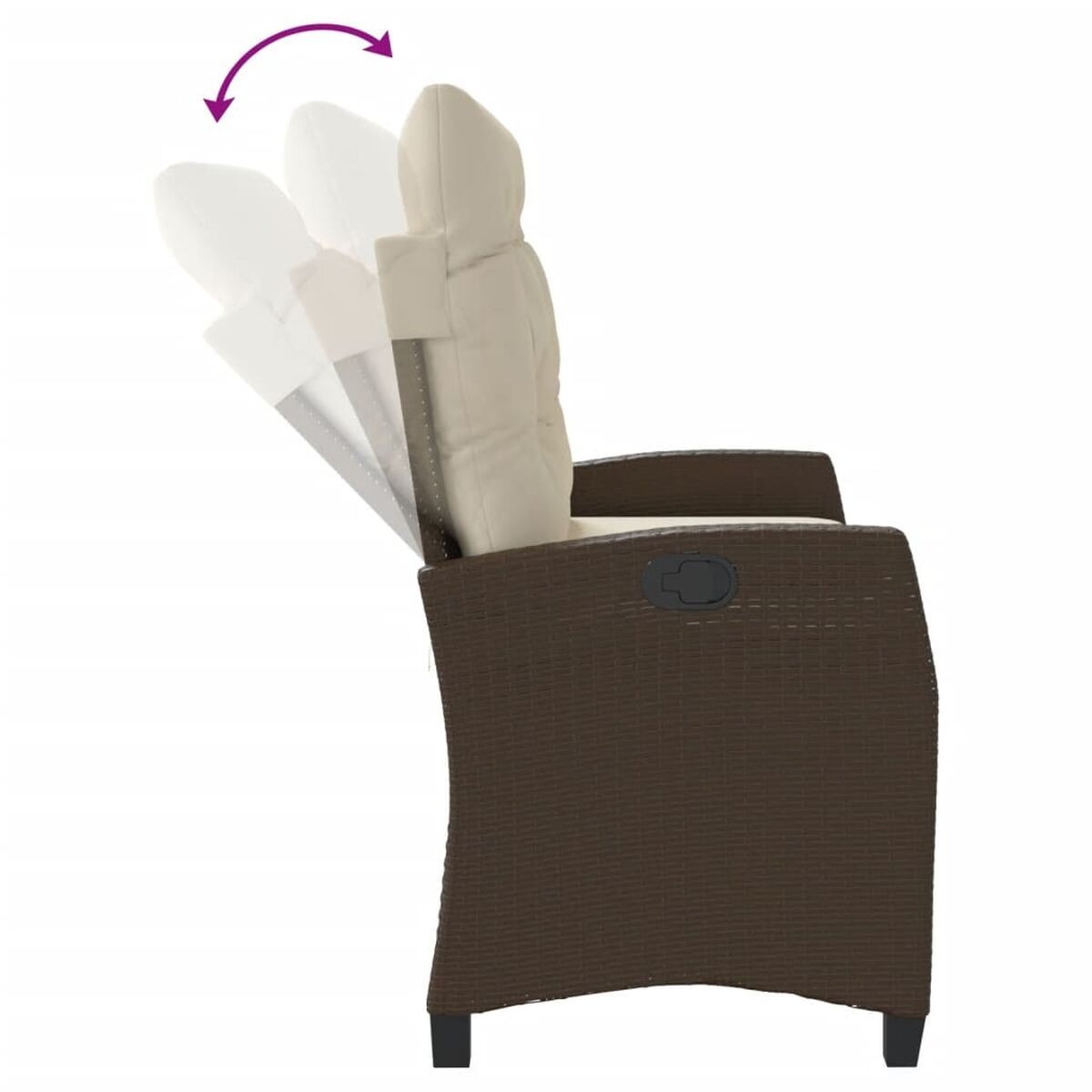 Poltrona reclinabile in vimini marrone con cuscini beige. Freccia indica lo schienale regolabile.