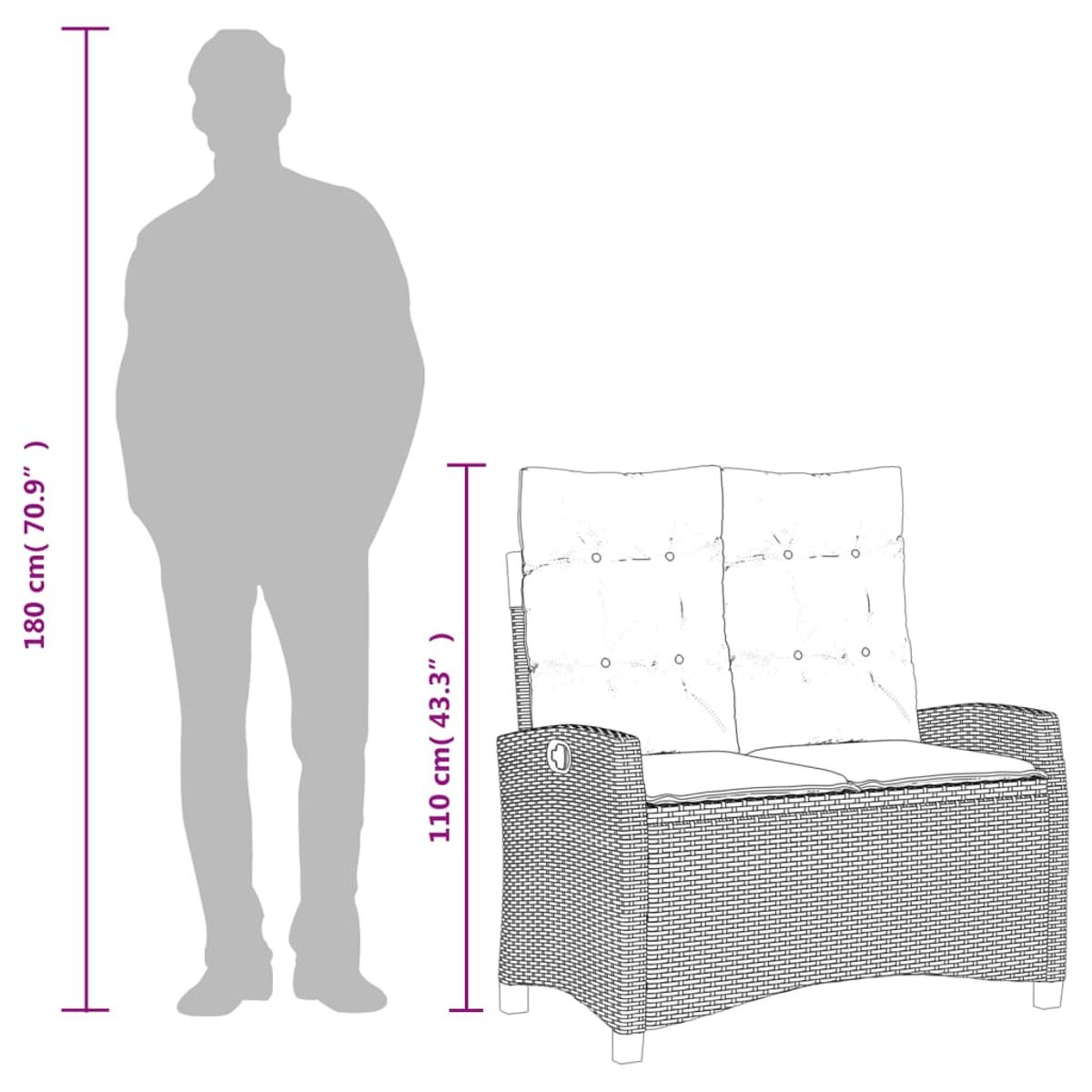 Diagramma che confronta l'altezza di una persona (180 cm) con un divano in vimini (110 cm).