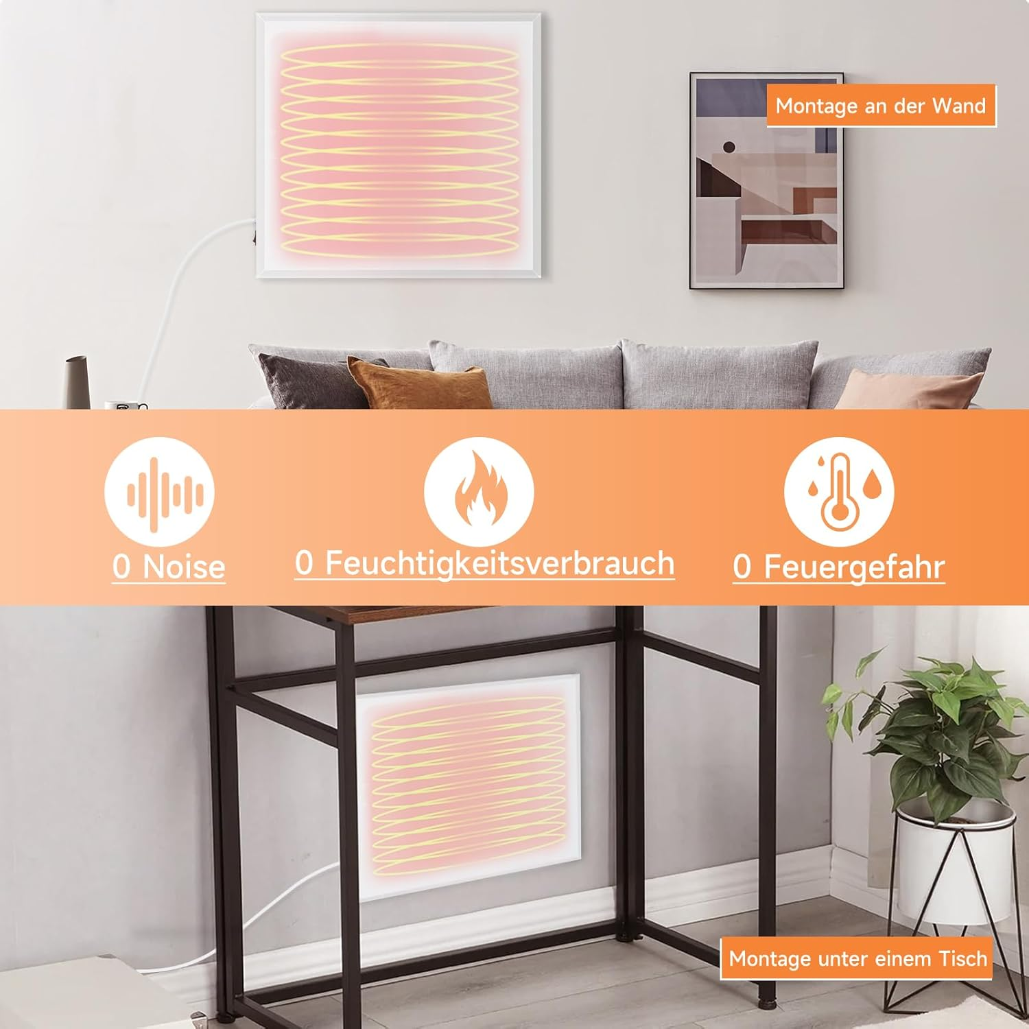 Ein Heizgerät auf einem Tisch und an der Wand, mit Symbolen für Geräusche, Feuchtigkeit und Feuer. Text ist auf Deutsch.