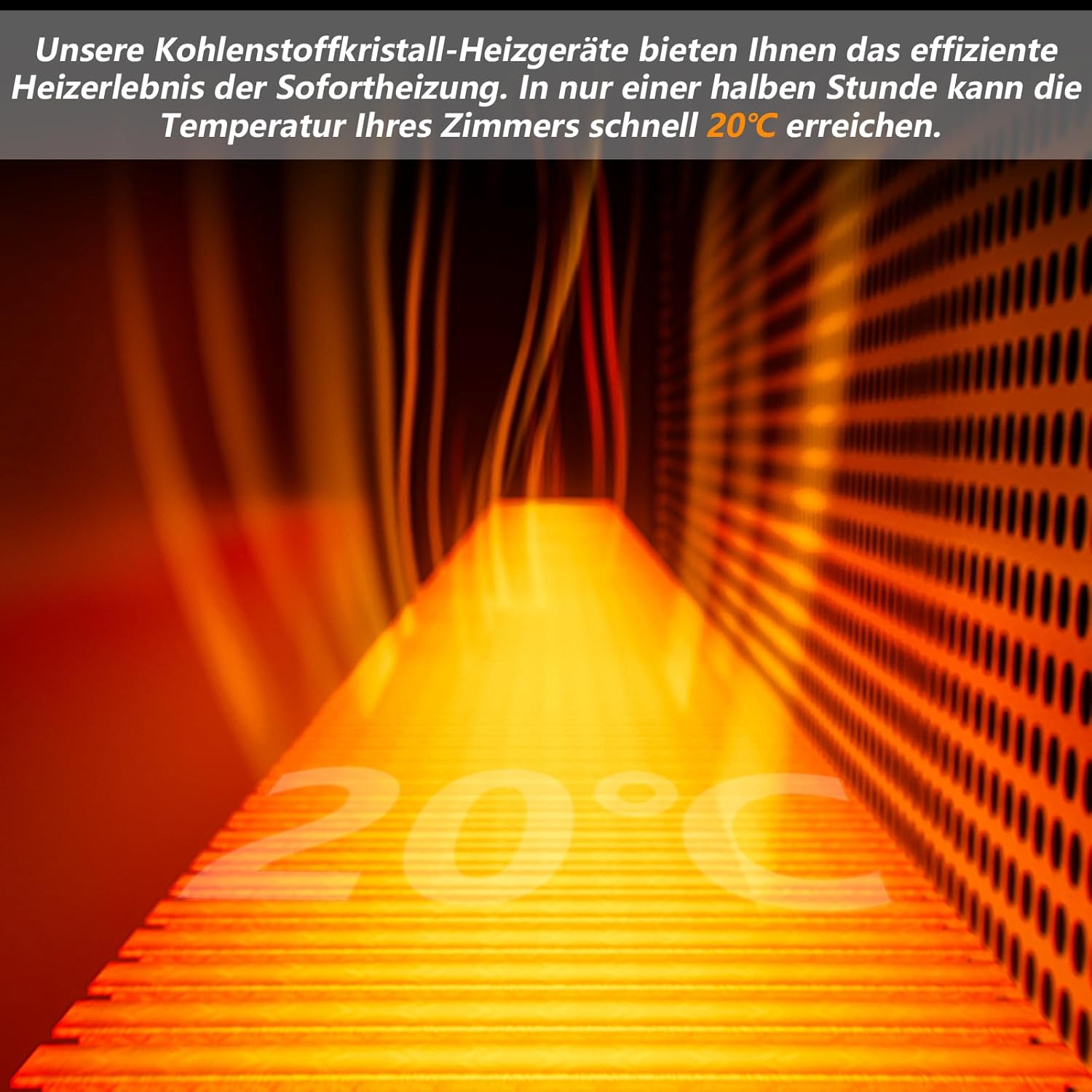 Ein orange-gelber Raum mit Gitter und leuchtender orange-roter Struktur. Text: 20°C.