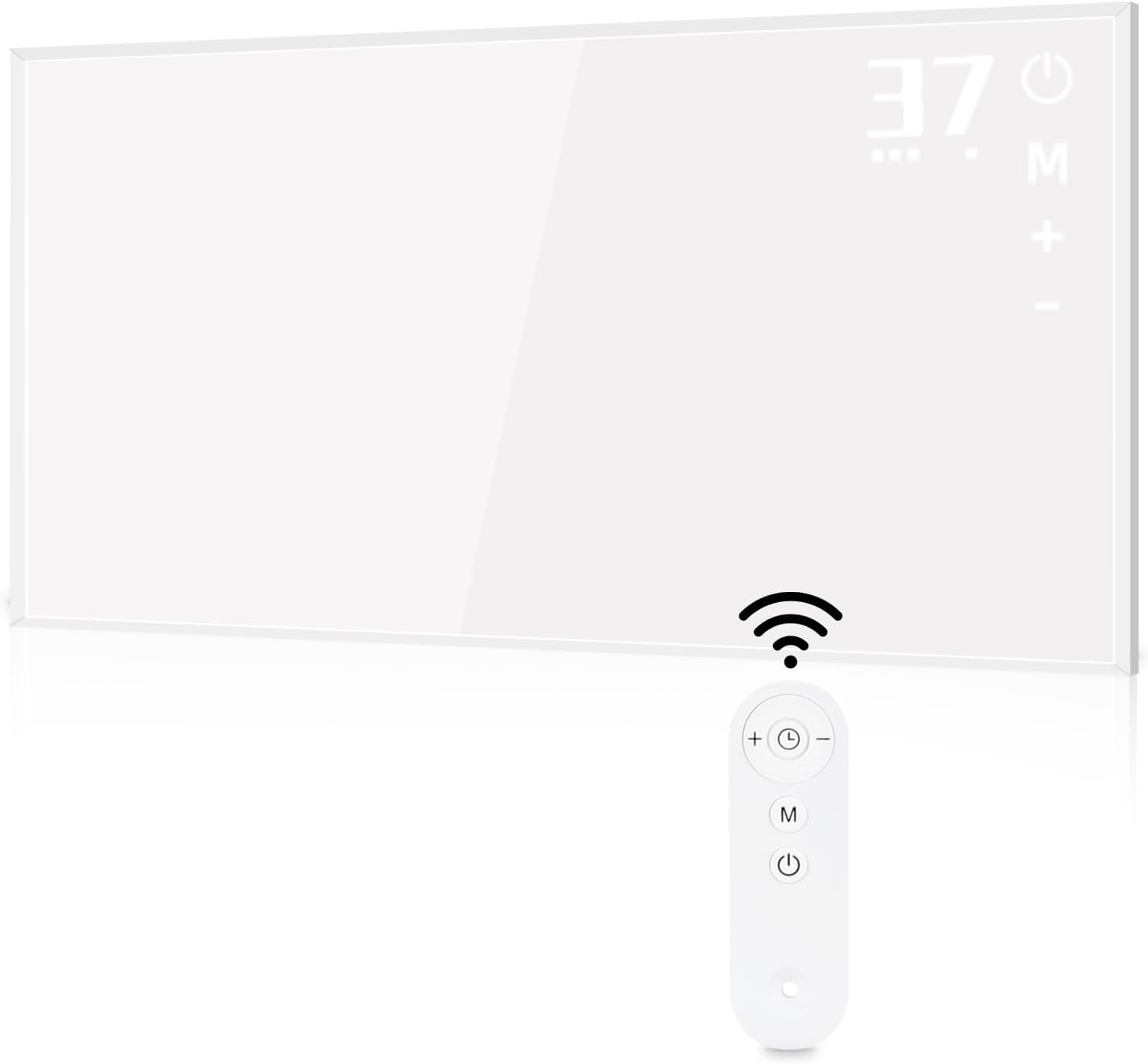 Eine weiße Glasscheibe mit Digitalanzeige und Fernbedienung. Ein Funksymbol befindet sich auf der Platte.