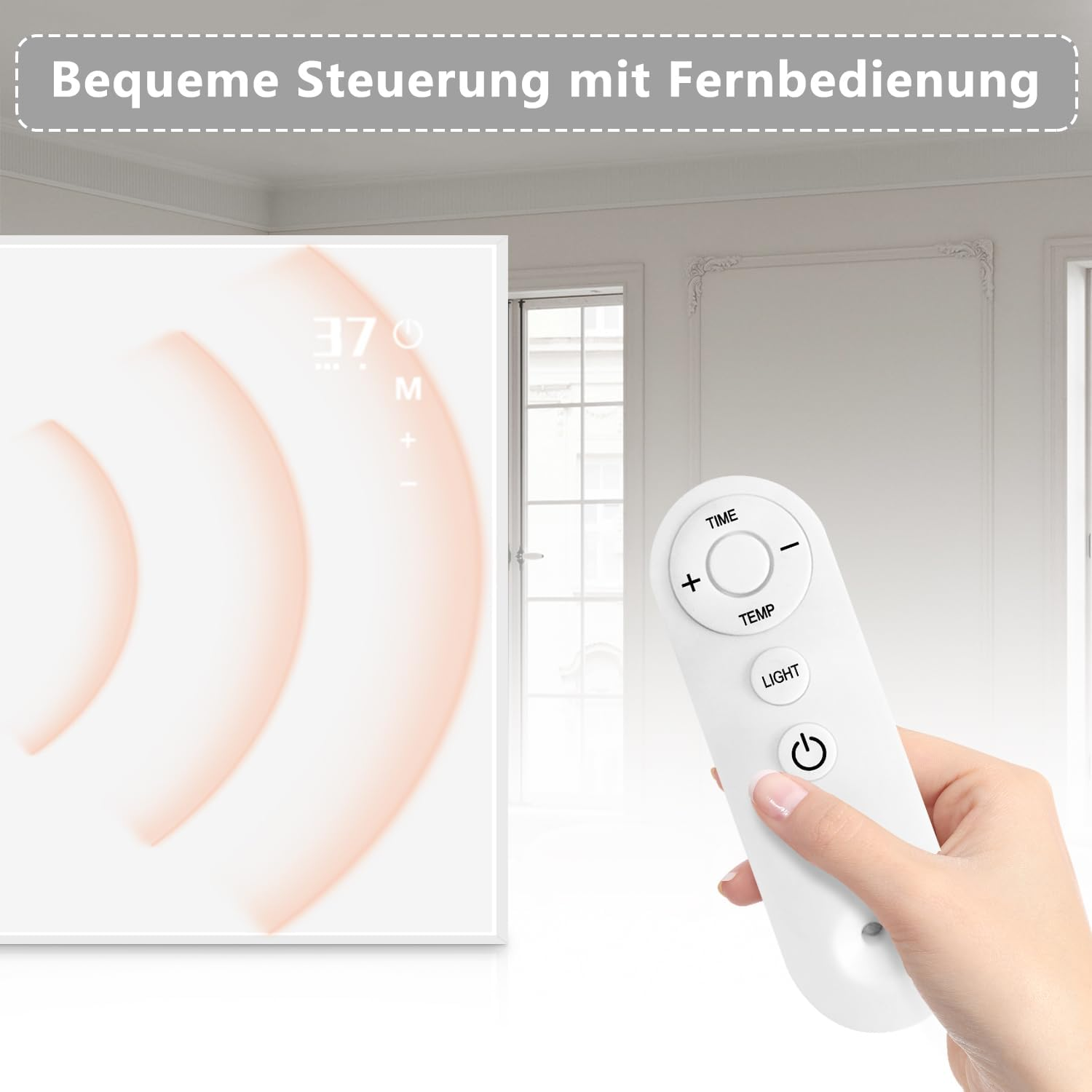 Hand hält eine Fernbedienung. Auf der linken Seite ein weißes Panel mit Zahlen. Text oben: 'Bequeme Steuerung mit Fernbedienung'.