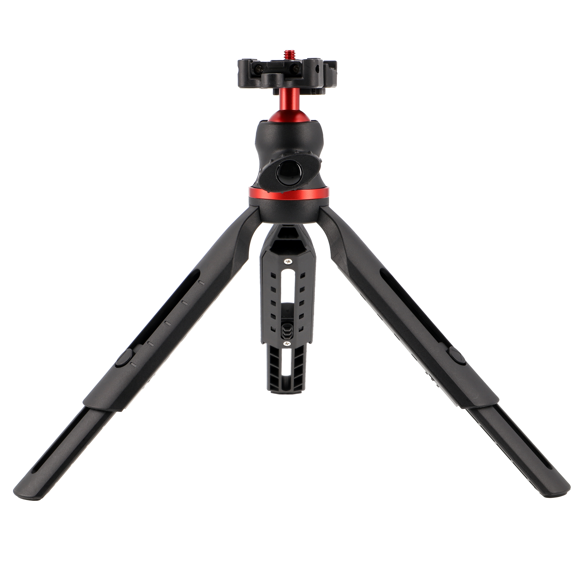 Ein schwarzes und rotes Mini-Stativ. Es hat drei Beine und einen roten Kopf.