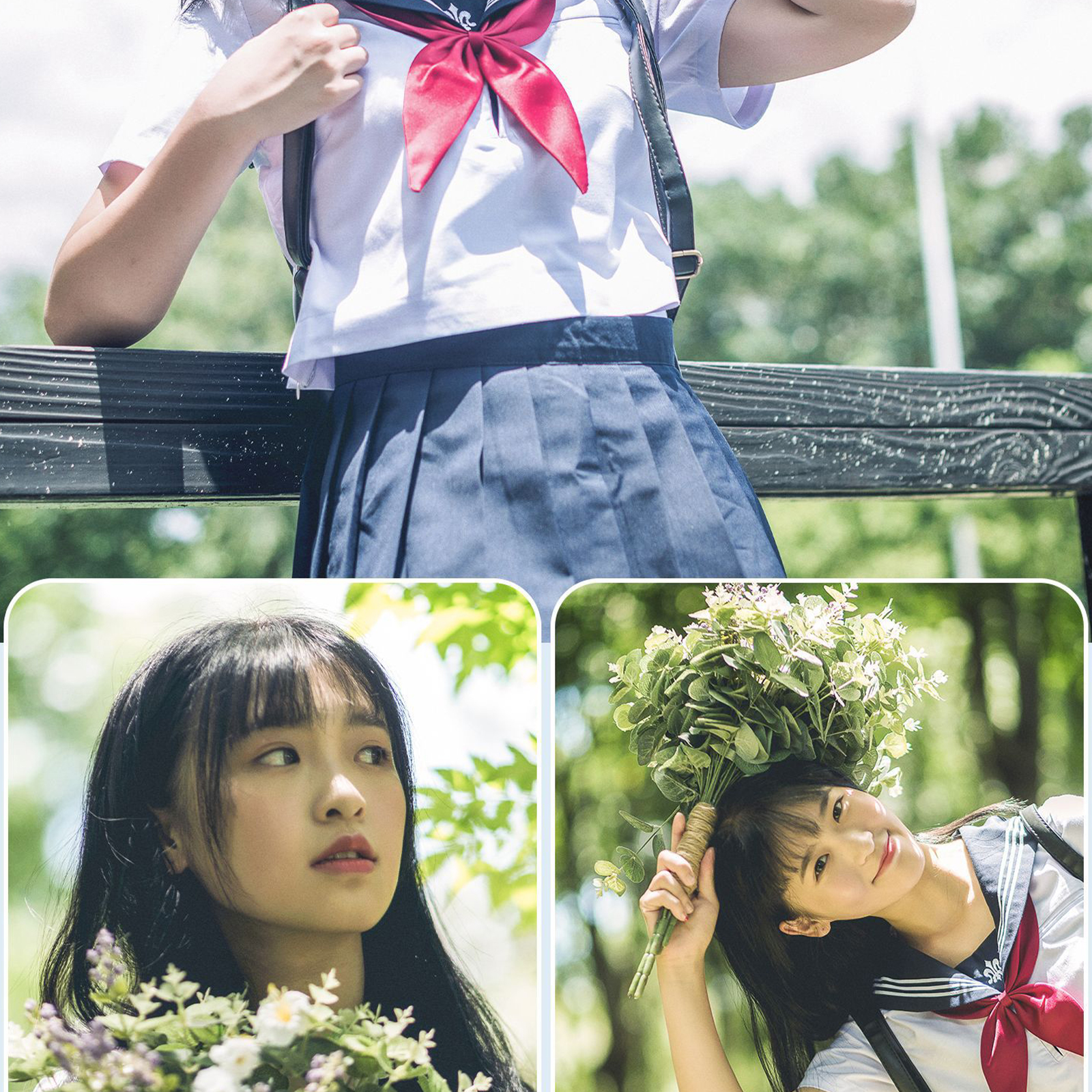 Ein Mädchen in Schuluniform mit Blumen und einer Brücke im Hintergrund.