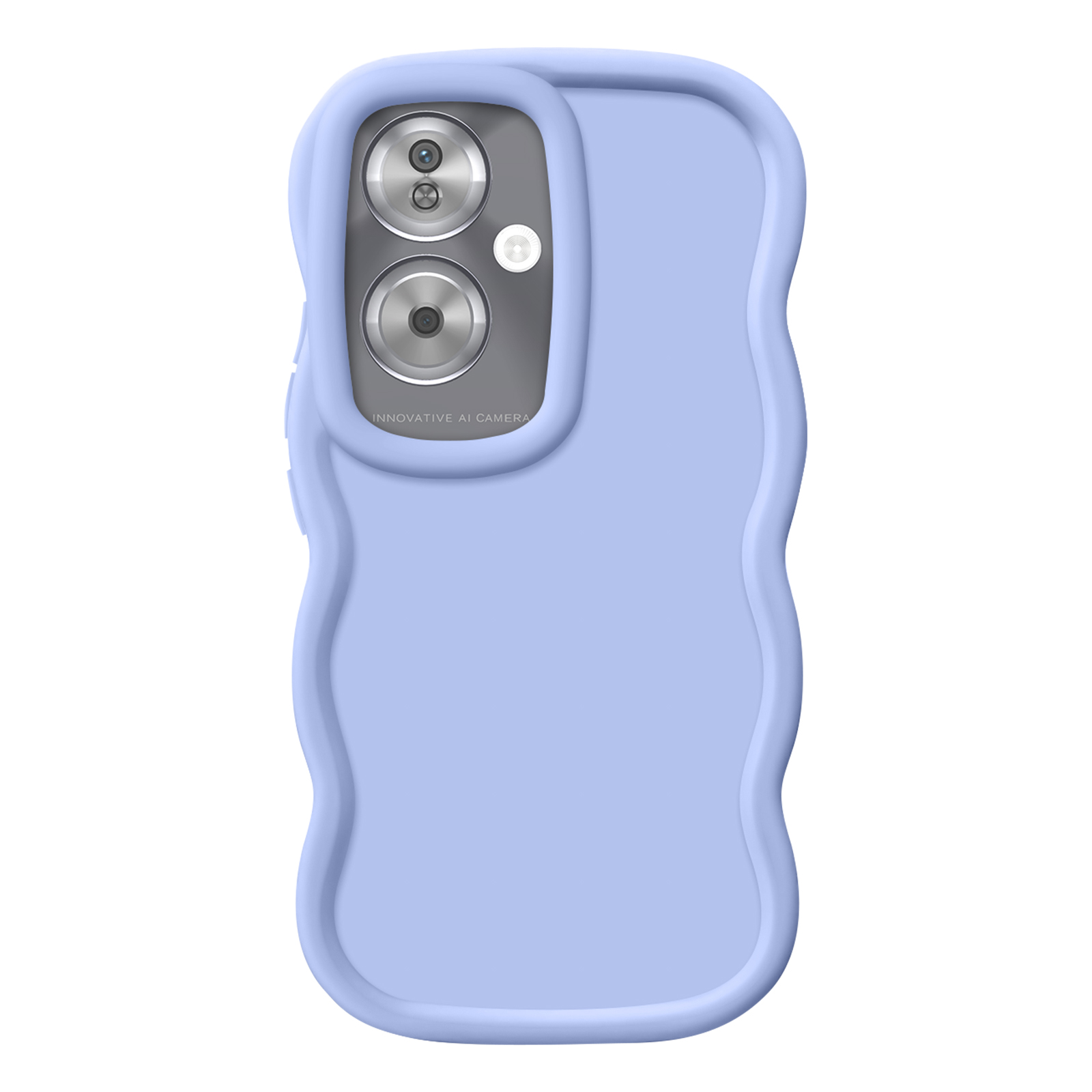 Custodia per telefono lavanda con ritaglio per fotocamera. Bordi ondulati. Sfondo bianco.