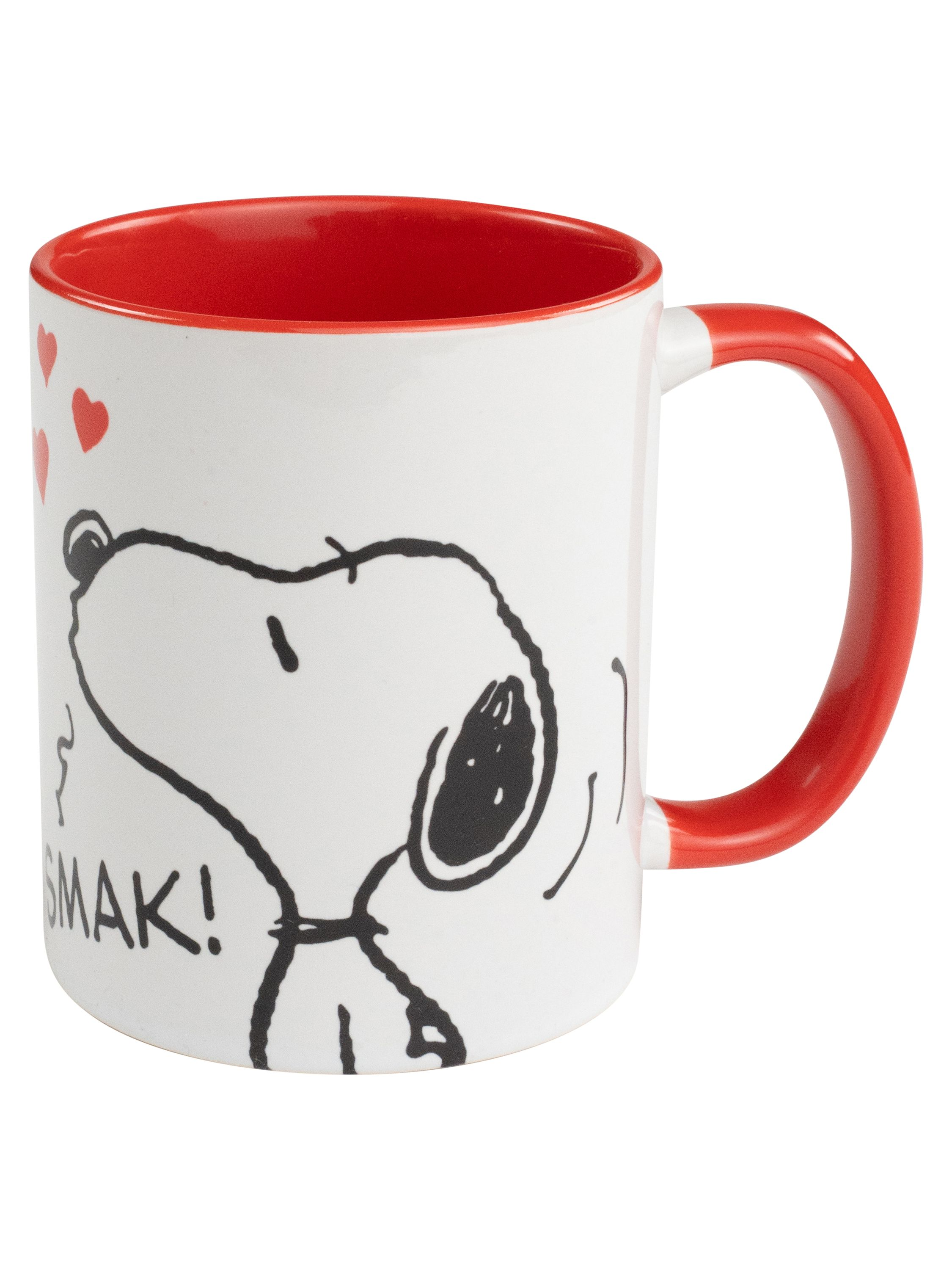 Ein Snoopy-Becher mit rotem Innenraum und Griff. Snoopy's Gesicht ist auf dem Becher, und Herzen schweben darüber.