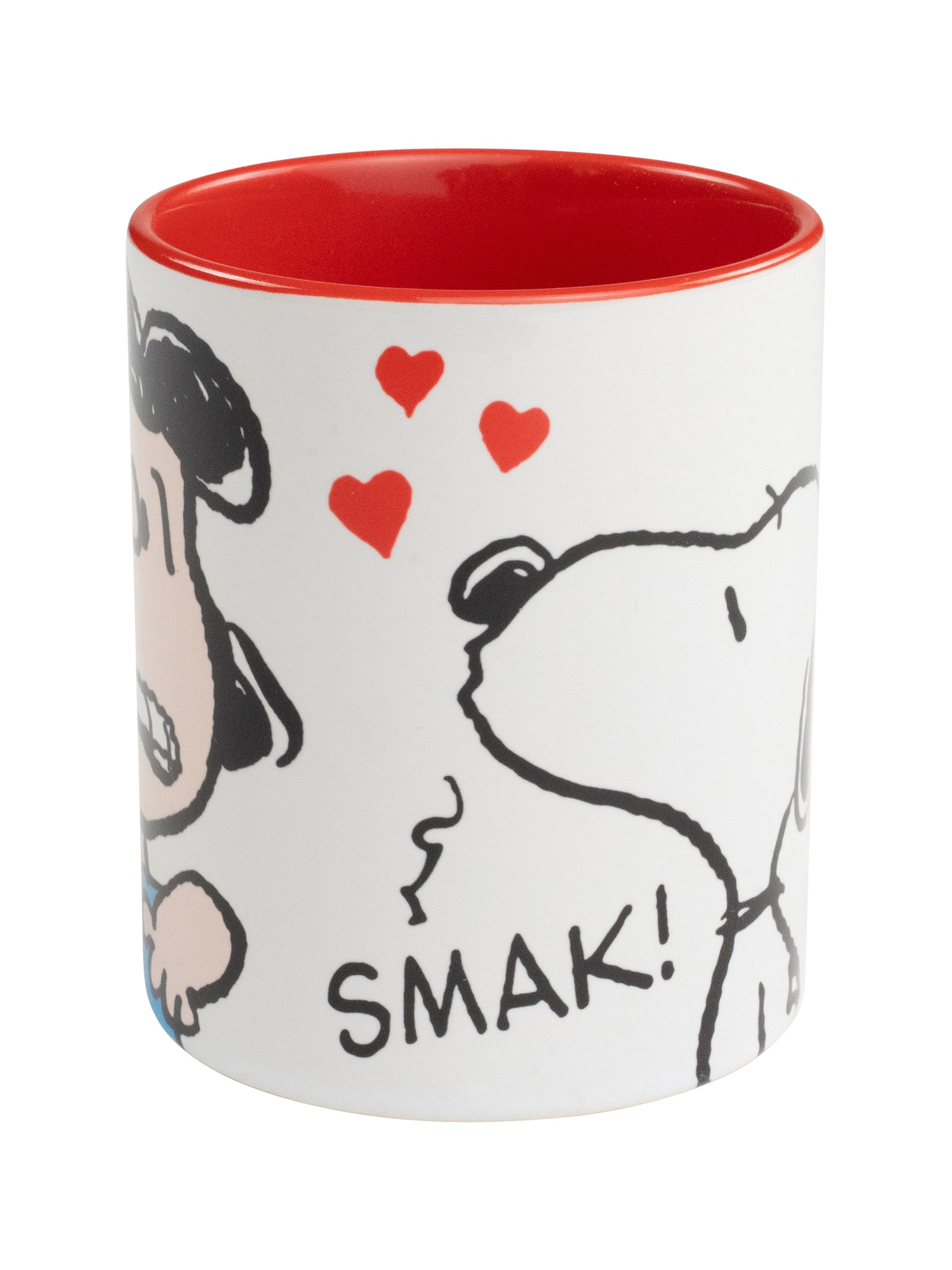 Snoopy- und Woodstock-Tasse mit Herzen und dem Wort 'SMAK!'