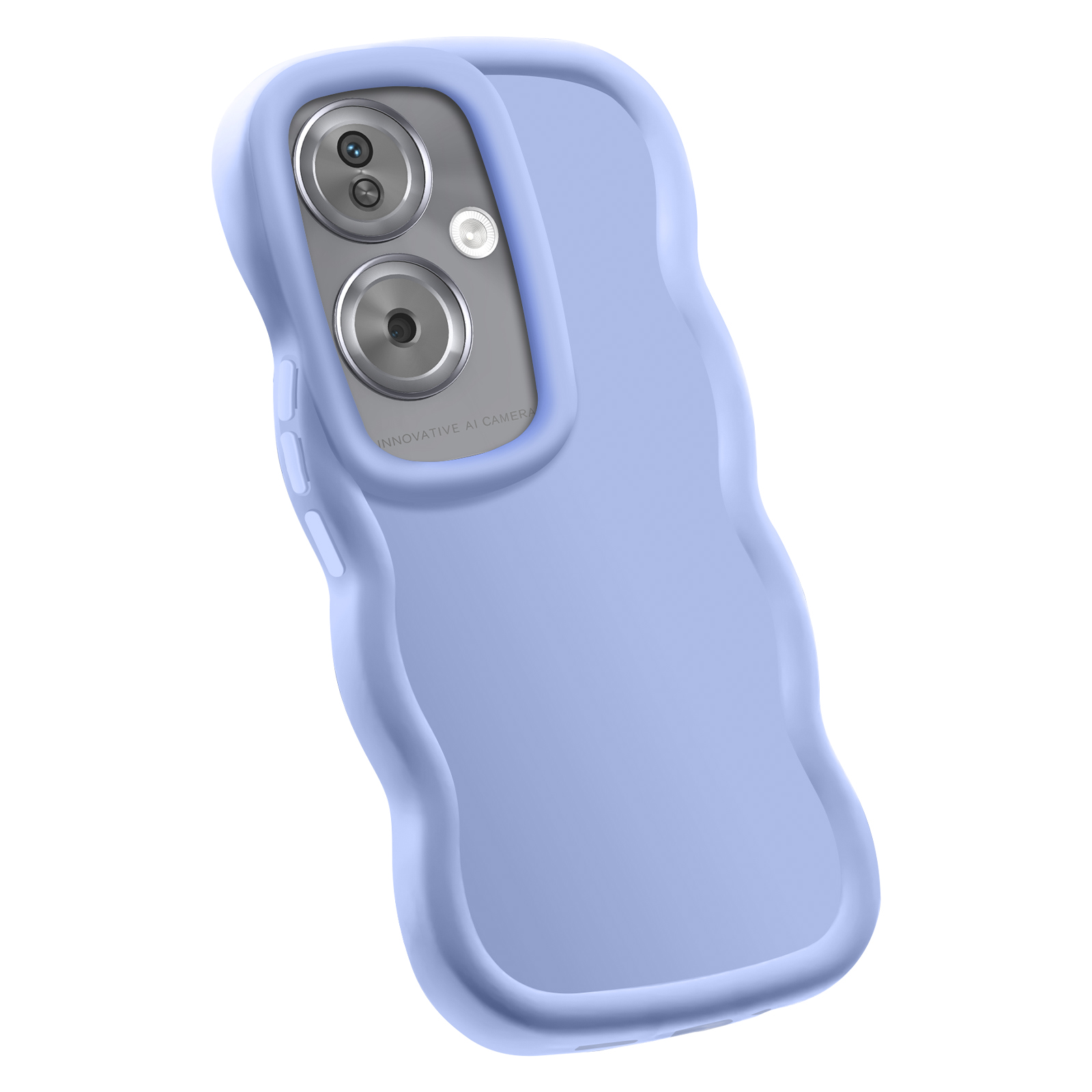 Custodia per telefono azzurra. Ha un design ondulato e copre la fotocamera del telefono.