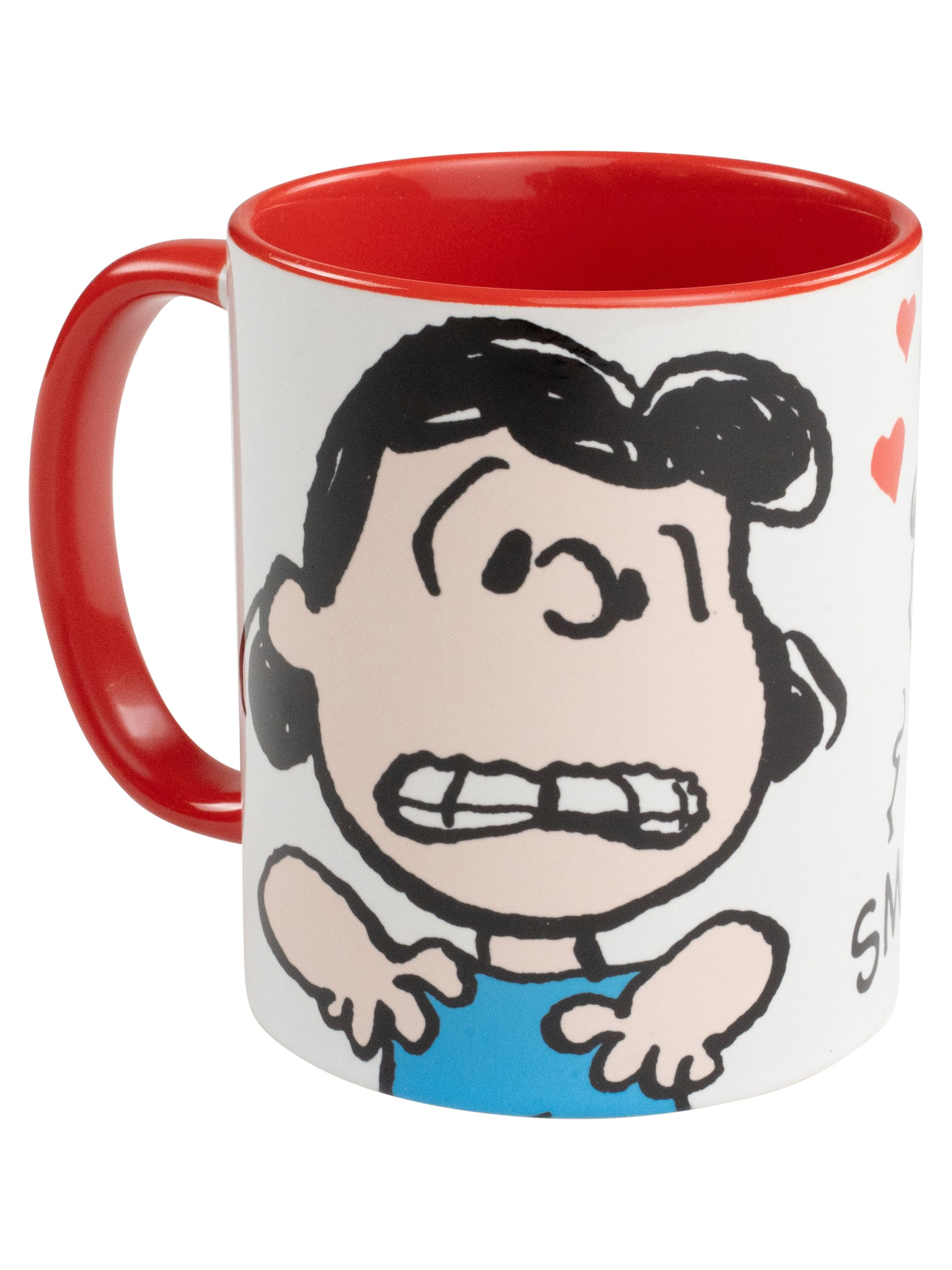 Eine weiße Tasse mit einer Cartoonfigur, rotem Henkel und Innenseite.