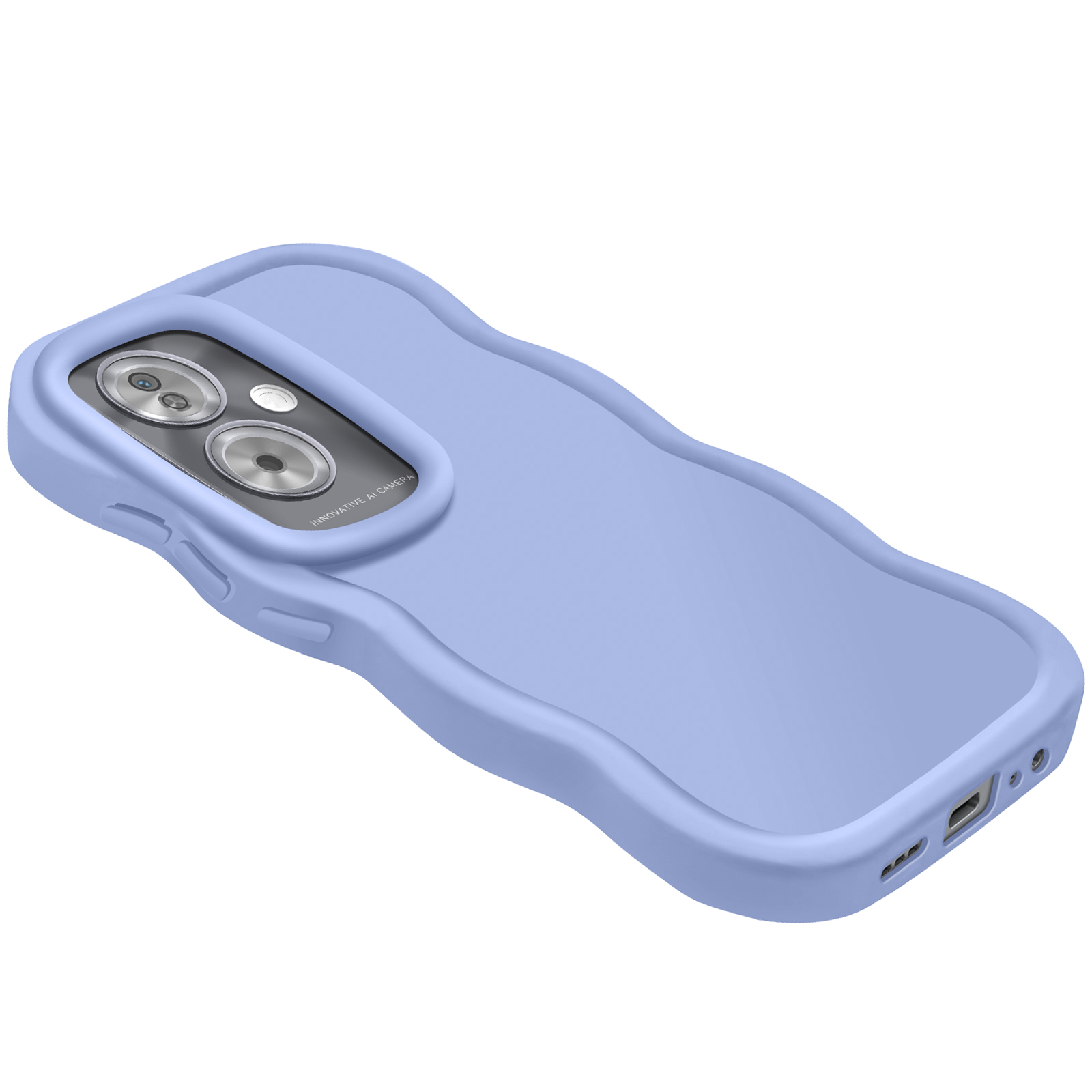 Custodia per telefono viola chiaro con bordi curvi, ripresa angolata.