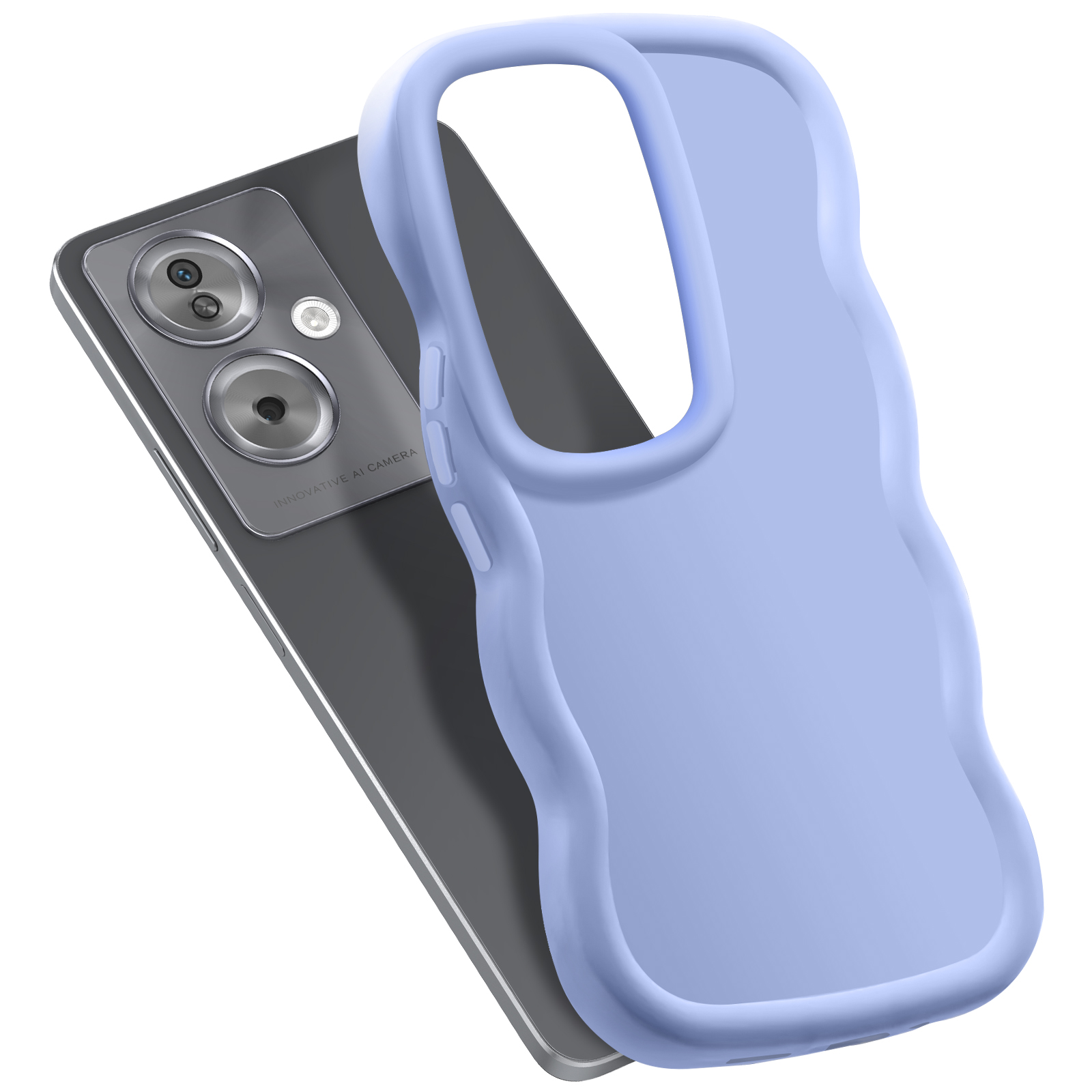 Uno smartphone con custodia blu. Il telefono ha una fotocamera con due lenti. La custodia ha un bordo ondulato.