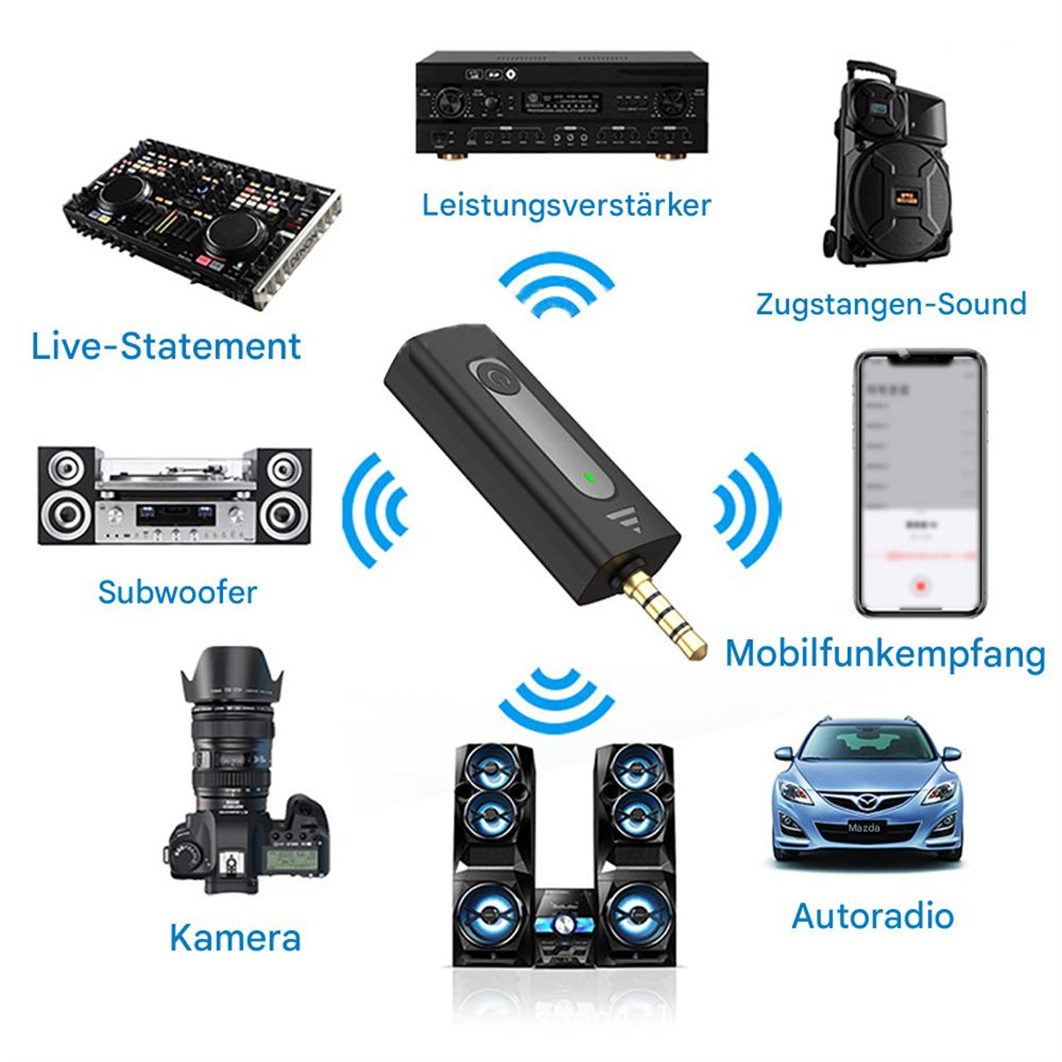 Verschiedene Audiogeräte, darunter ein Verstärker, Lautsprecher und ein Bluetooth-Adapter, mit deutschen Etiketten.