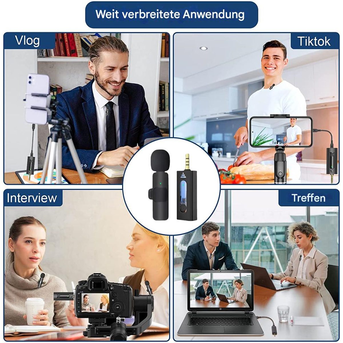 Mehrere Szenarien zeigen Menschen, die Mikrofone in verschiedenen Umgebungen verwenden.