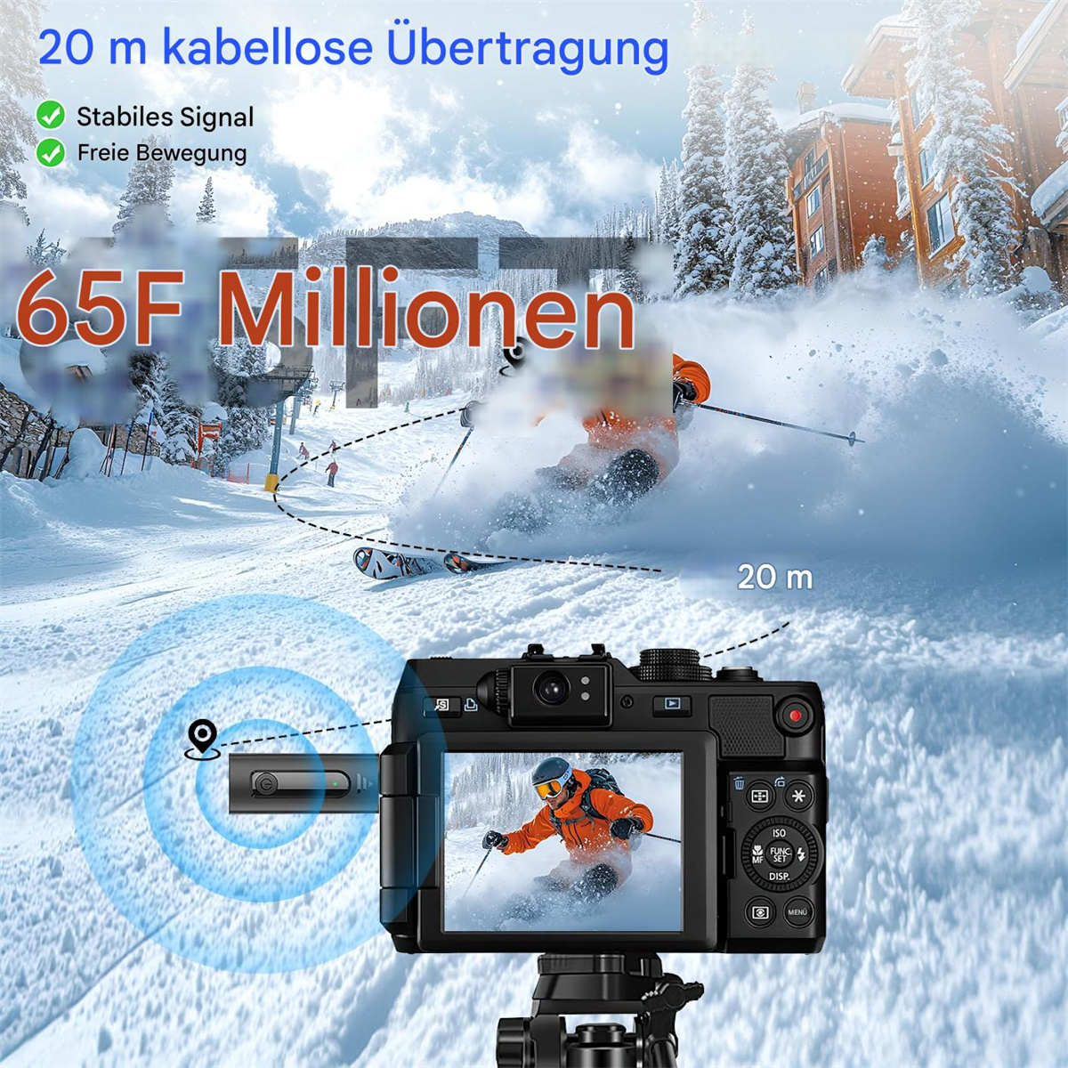 Kamera auf Stativ zeigt einen Skifahrer im Schnee. Text zeigt drahtlose Reichweite und Signal.